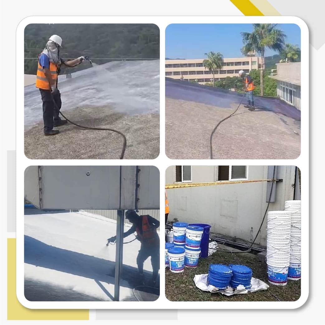 新竹聯茂電子廠，使用南寳漆M370寶立素、M312南寶複合式防水材、815WTK1水性815隔熱漆產品，進行屋頂防水/隔熱工程的施工情況。