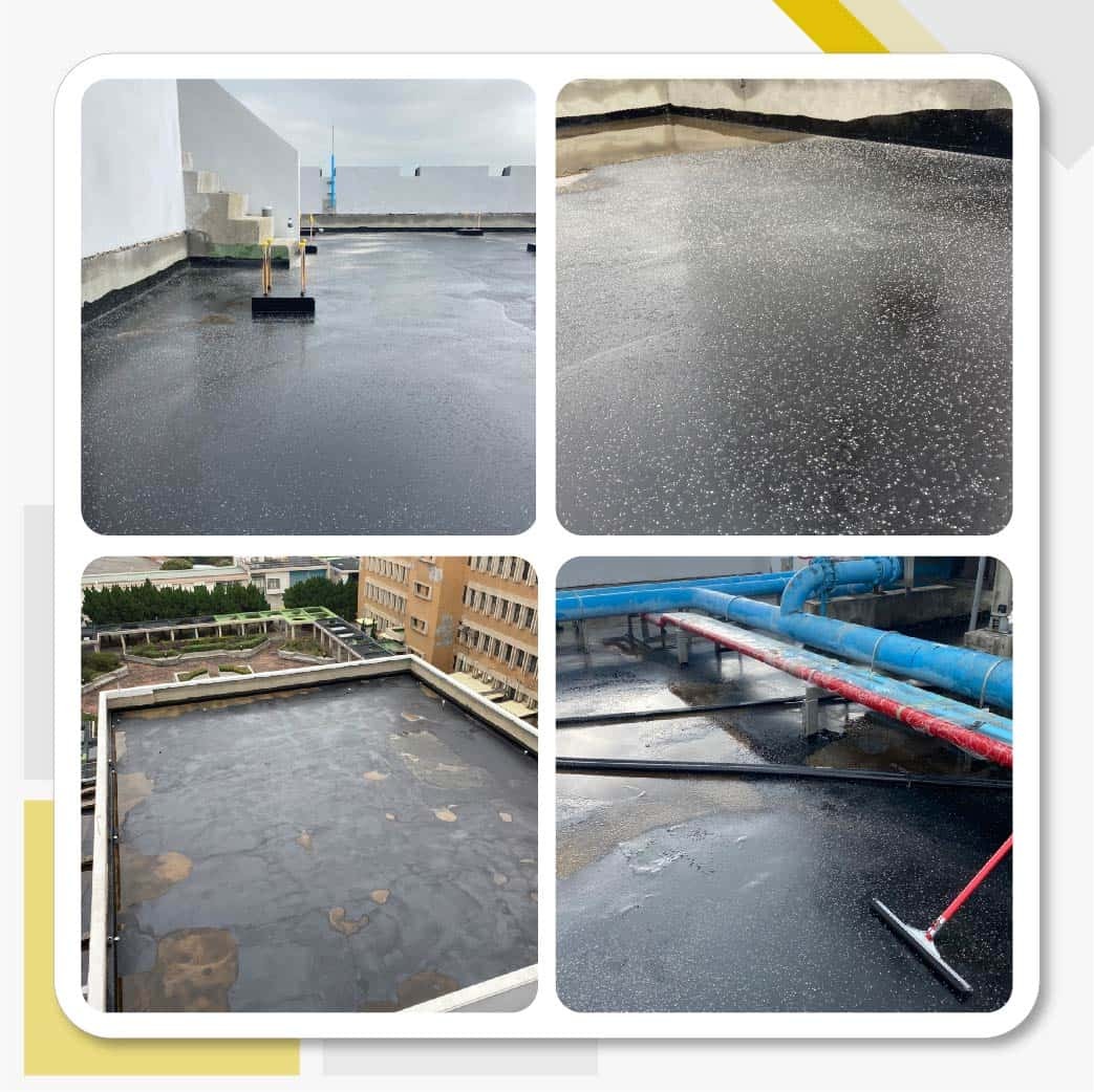 苗栗中油深採研究所的A棟與大禮堂屋頂防漏工程，使用CP-580(2K) 改質PU斷根防水膜和T-UR074 濕氣硬化型PU底膠的實績照片。