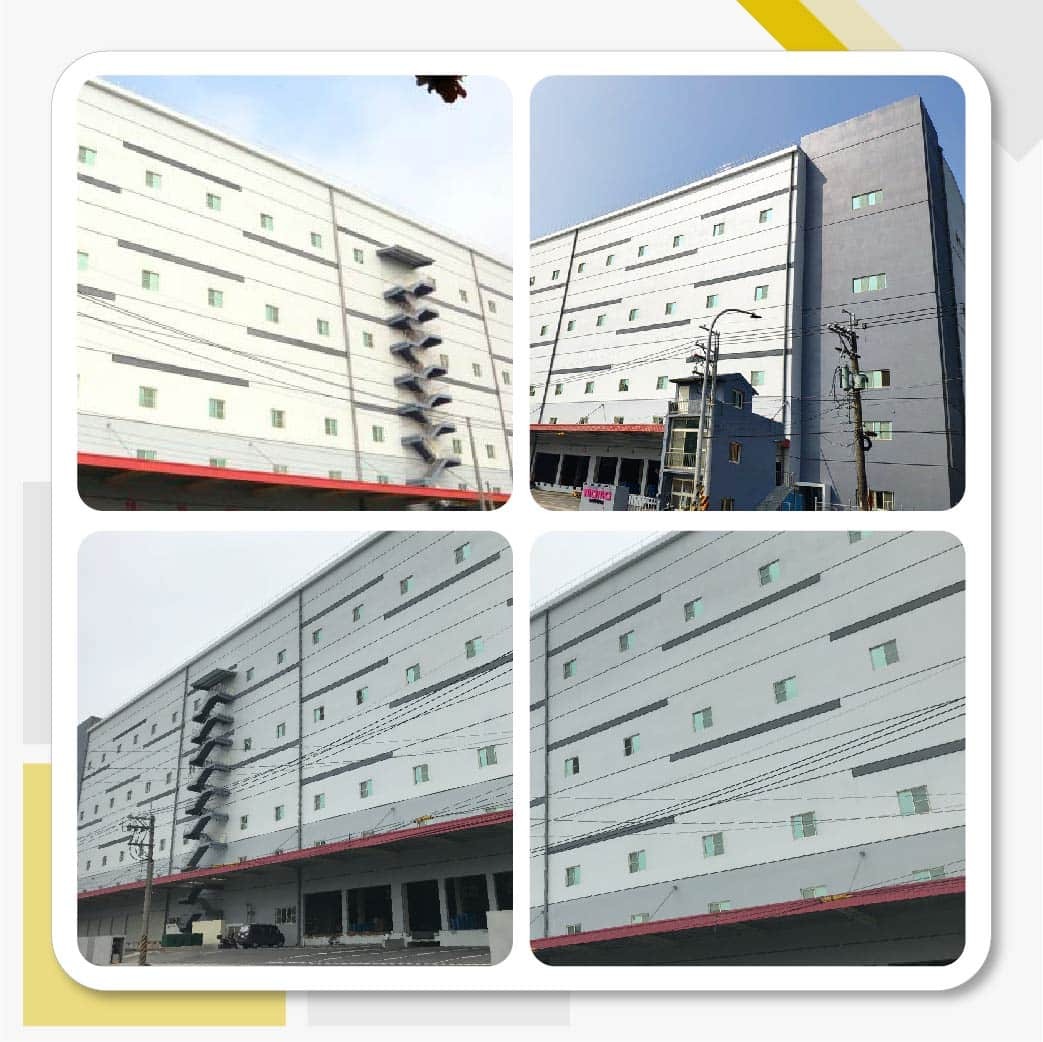 台南永康MOMO物流中心的外牆塗刷工程，使用南寳漆的815WT水性815彈性塗料。