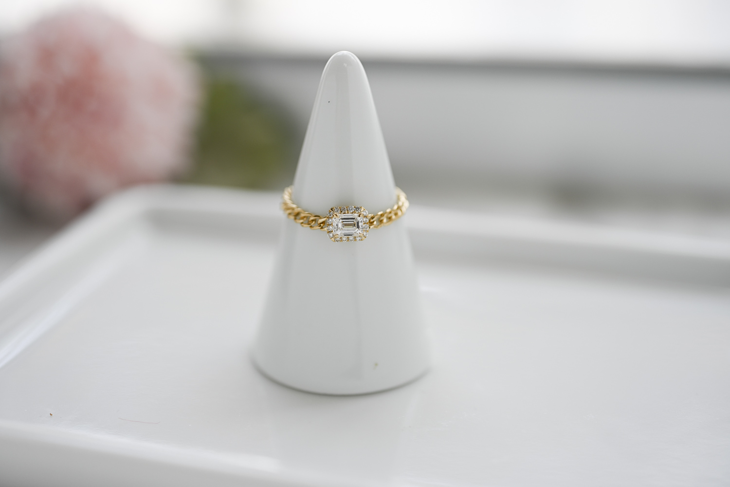 18K Mini Halo Emerald Cut Diamond Cuban Chain Ring