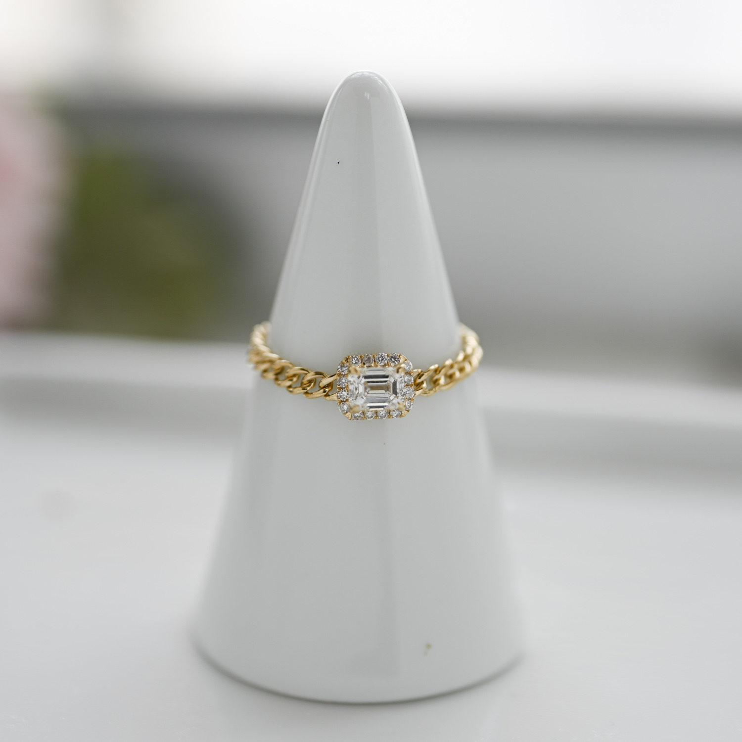 18K Mini Halo Emerald Cut Diamond Cuban Chain Ring