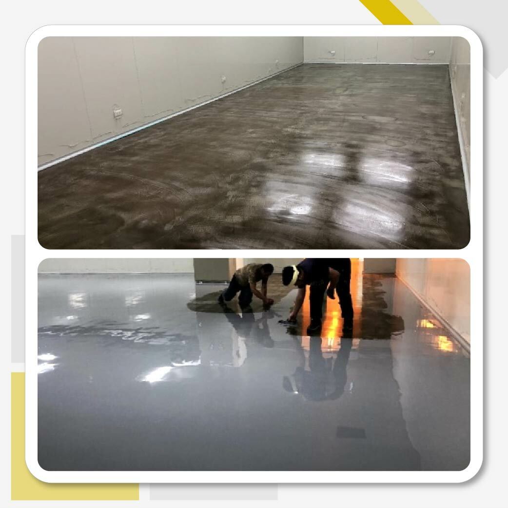 新北雅芳大樓地坪工程，使用南寳漆的915ABM2經濟型環氧流展地坪中塗漆和918ABTG綠建材環氧樹脂面漆