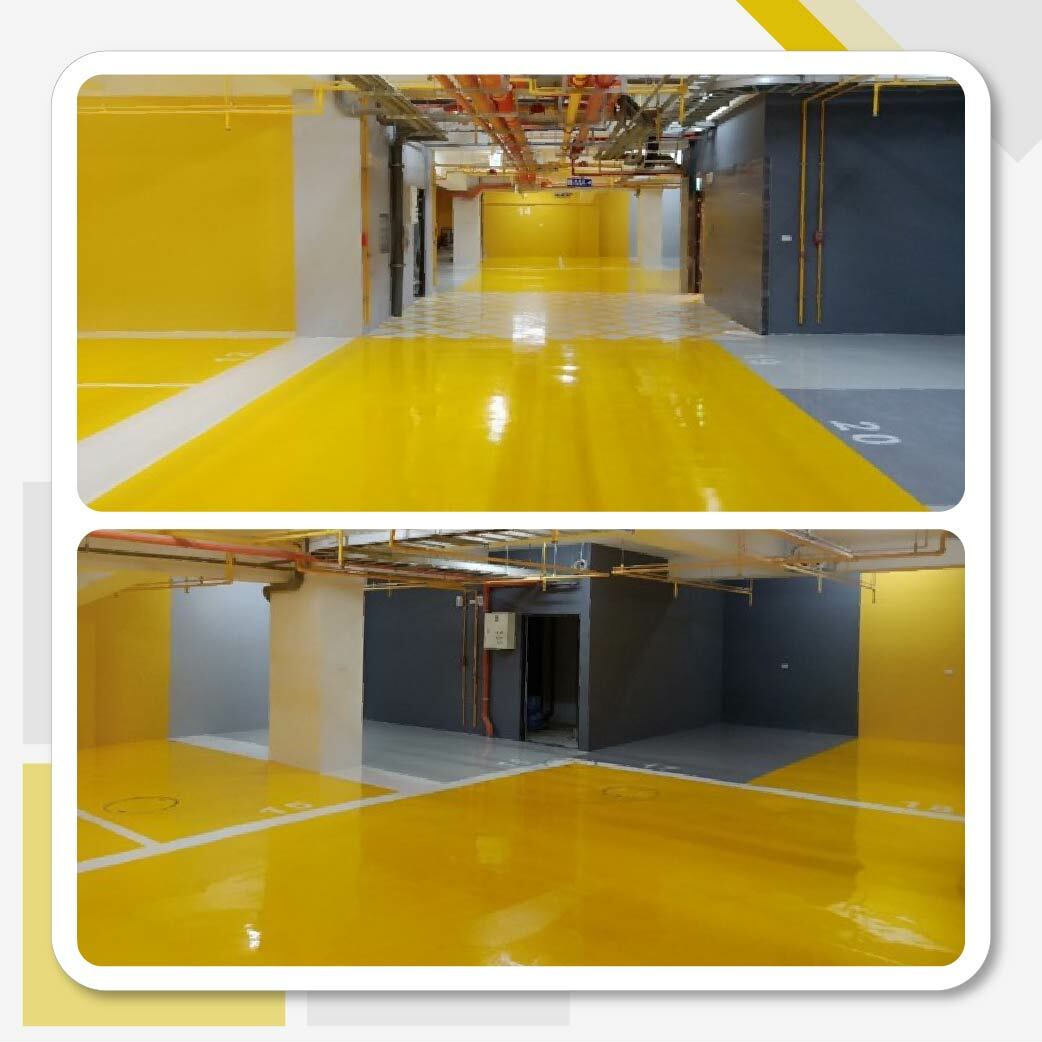 台南連建自由2 停車場地坪工程，使用南寳漆926T溶劑型環氧地坪面漆。