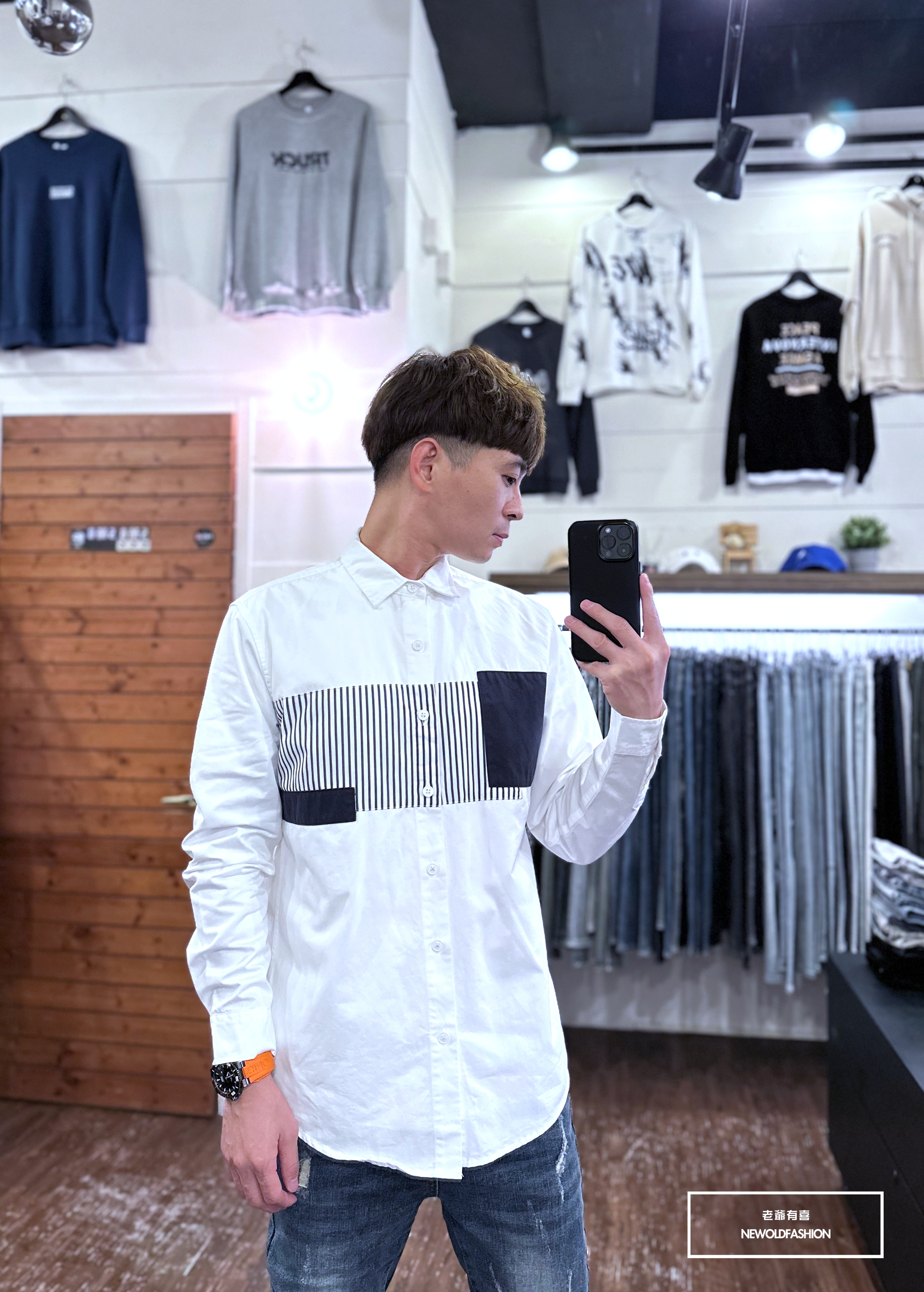 『新品上市』重磅異材質橫列拼接襯衫-白(NOF2209B8875)