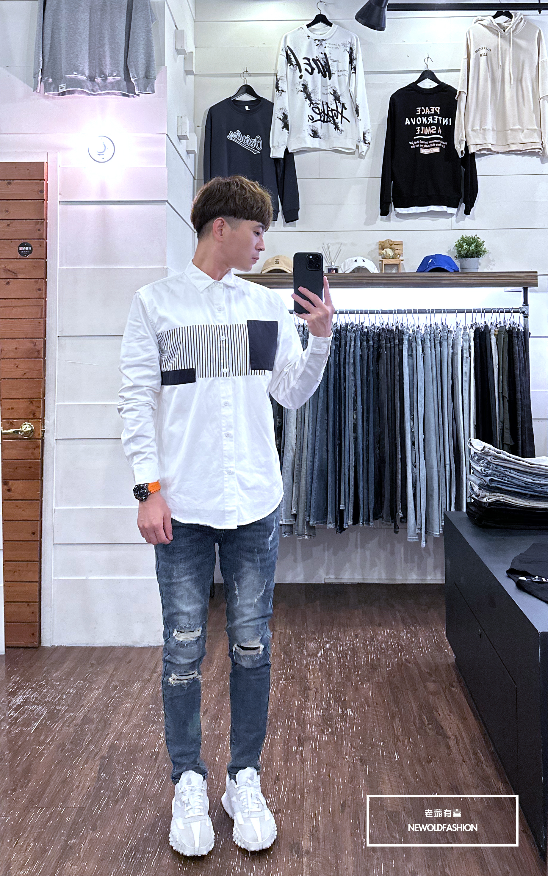 『新品上市』重磅異材質橫列拼接襯衫-白(NOF2209B8875)