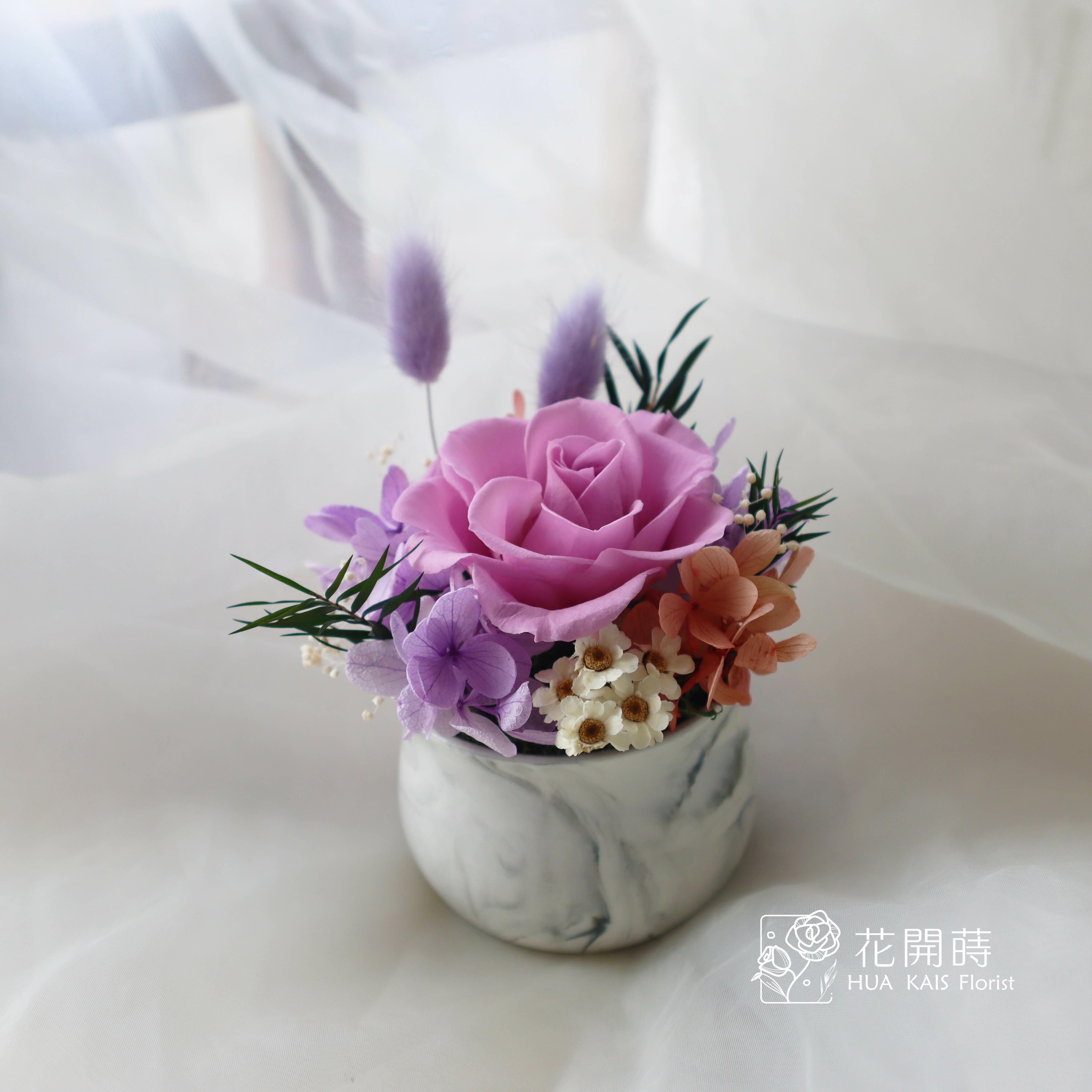 迷你小盆栽|浪漫紫|永生玫瑰花|辦公室小桌花|永生花禮物