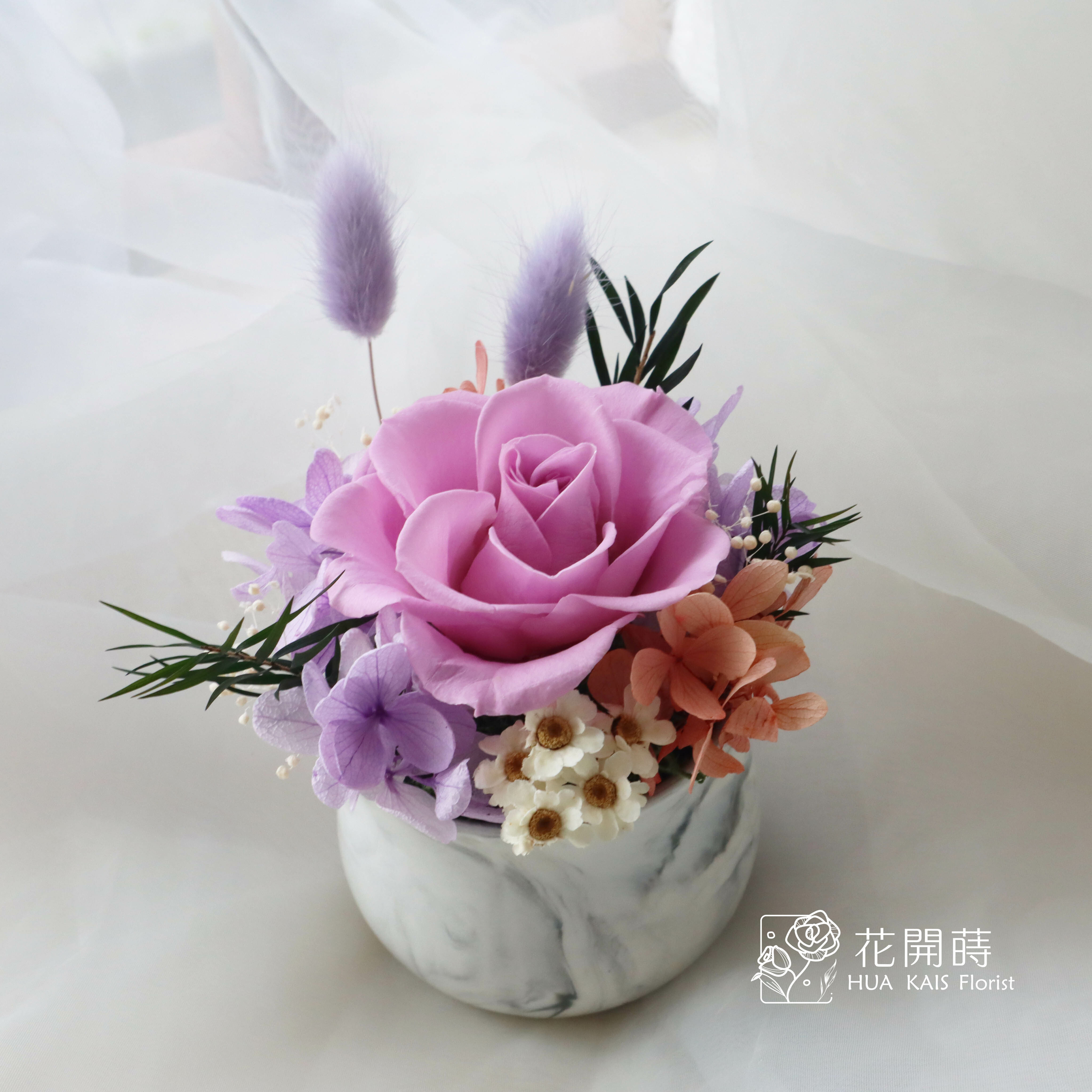 迷你小盆栽|浪漫紫|永生玫瑰花|辦公室小桌花|永生花禮物