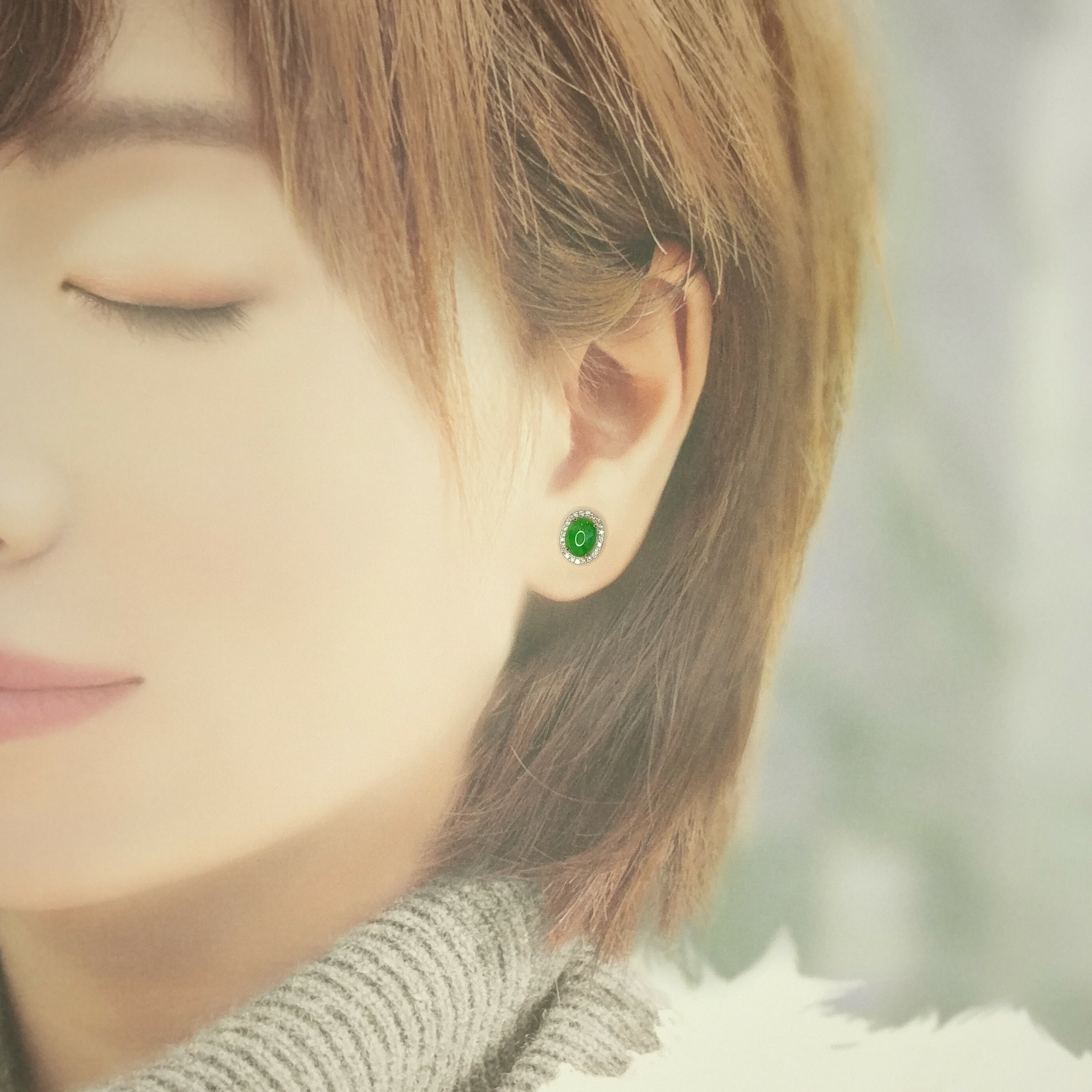 18K White Gold 0.16ct Diamond and Jade Earrings