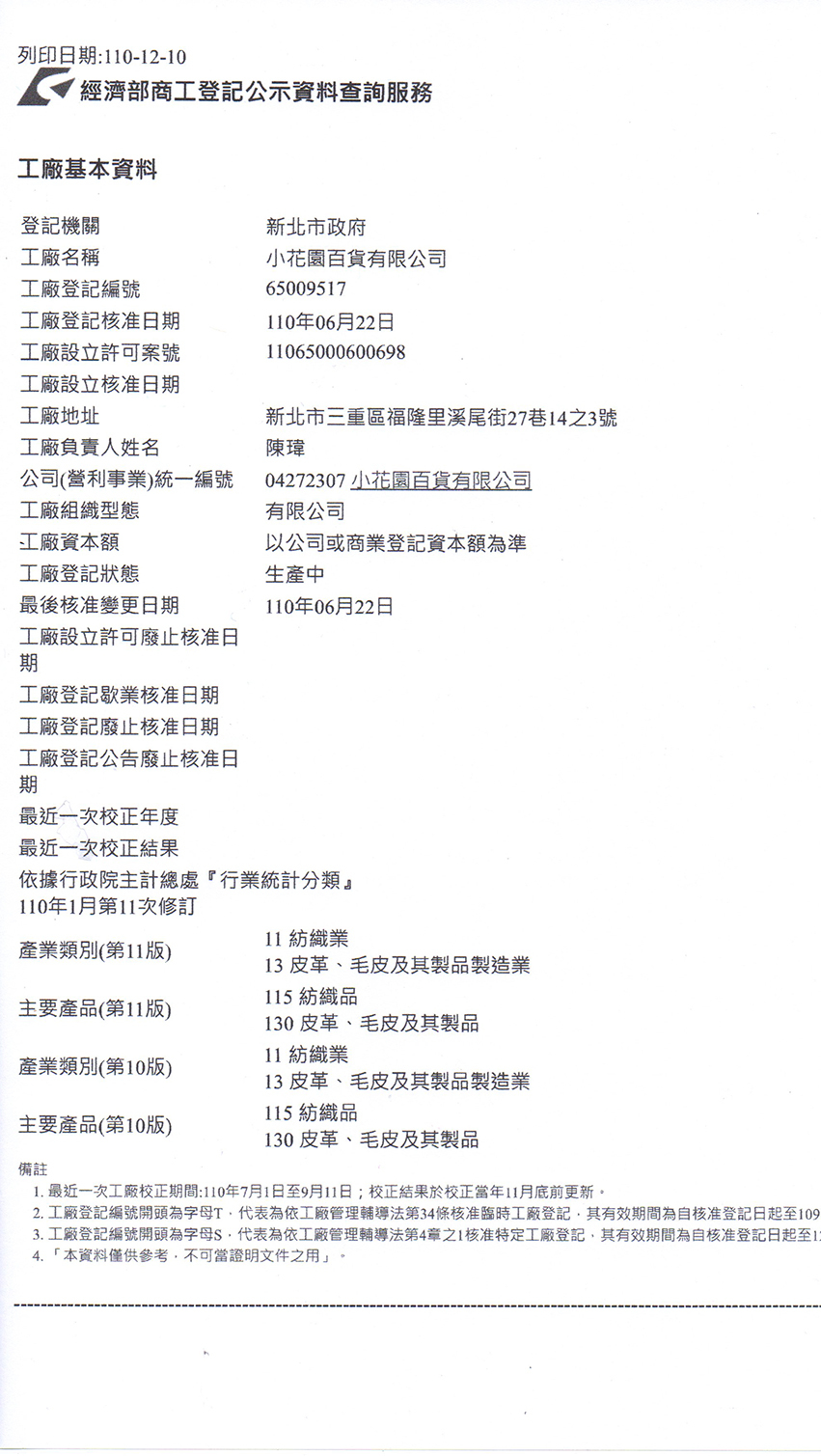 小花園的工廠登記證