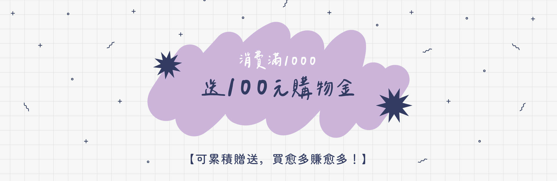消費滿千送100元購物金，可累積贈送！