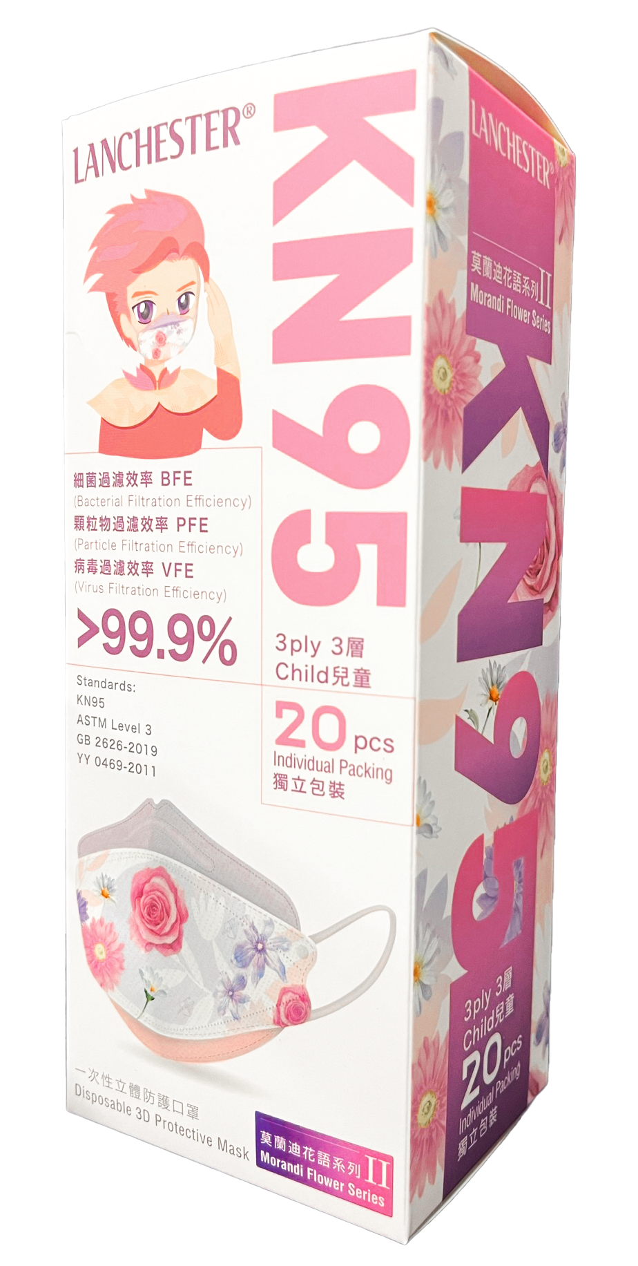 Lanchester KN95一次性立體防護口罩 莫蘭迪花語系列 II (兒童)(KF94)(醫用級)(獨立包裝)(20片裝)