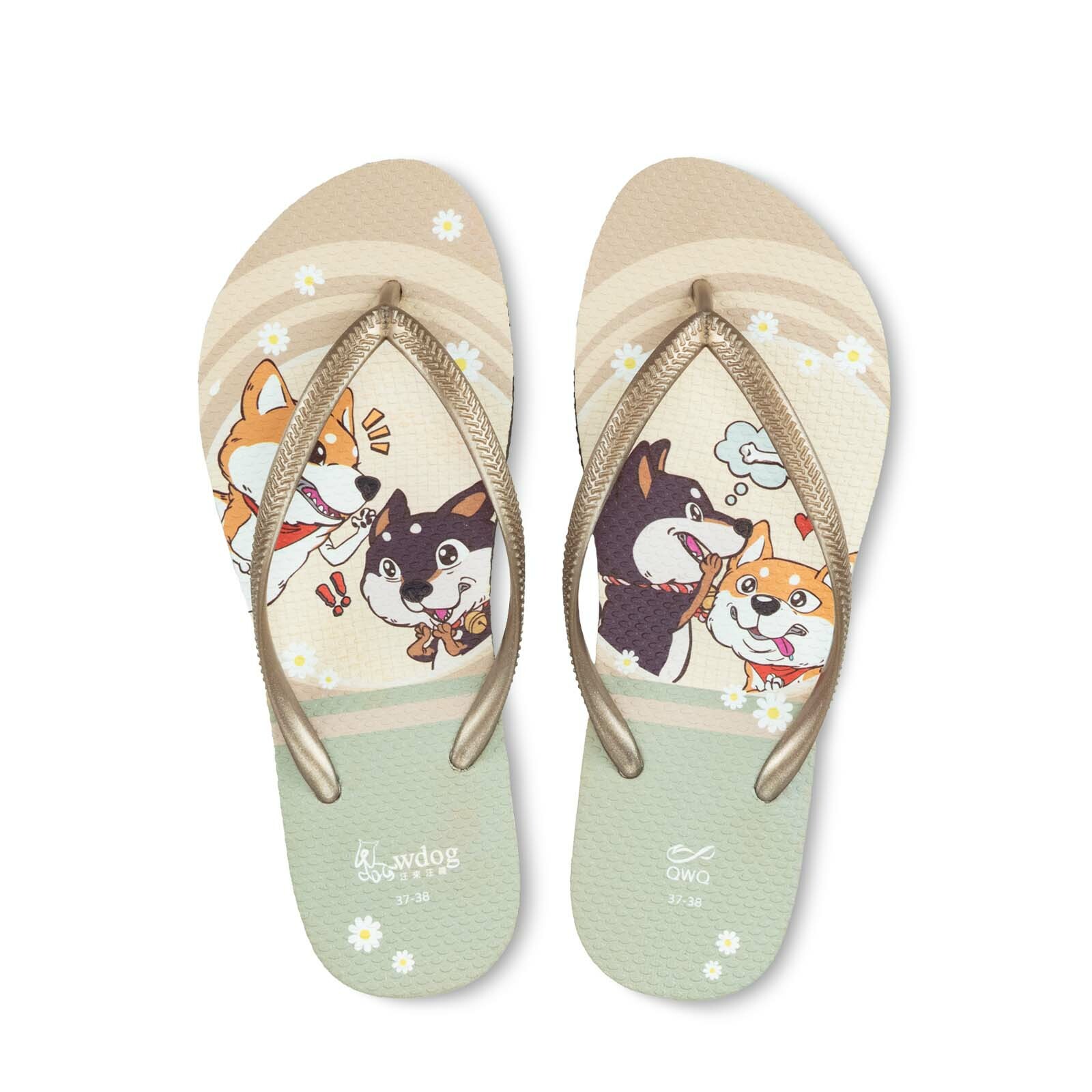 汪來汪趣 柴犬 悄悄話 女款細帶人字夾腳拖鞋 棕底沙金帶