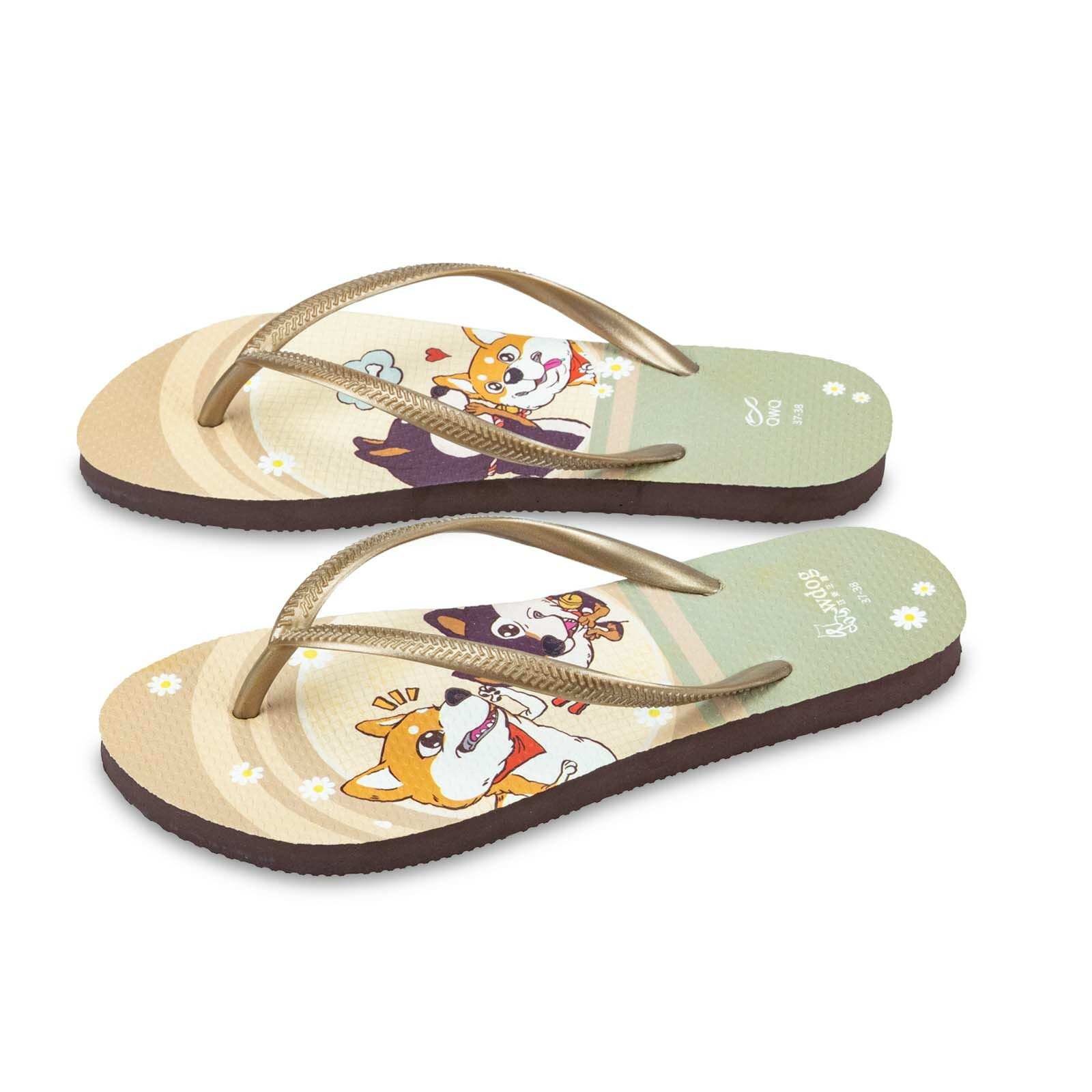 汪來汪趣 柴犬 悄悄話 女款細帶人字夾腳拖鞋 棕底沙金帶