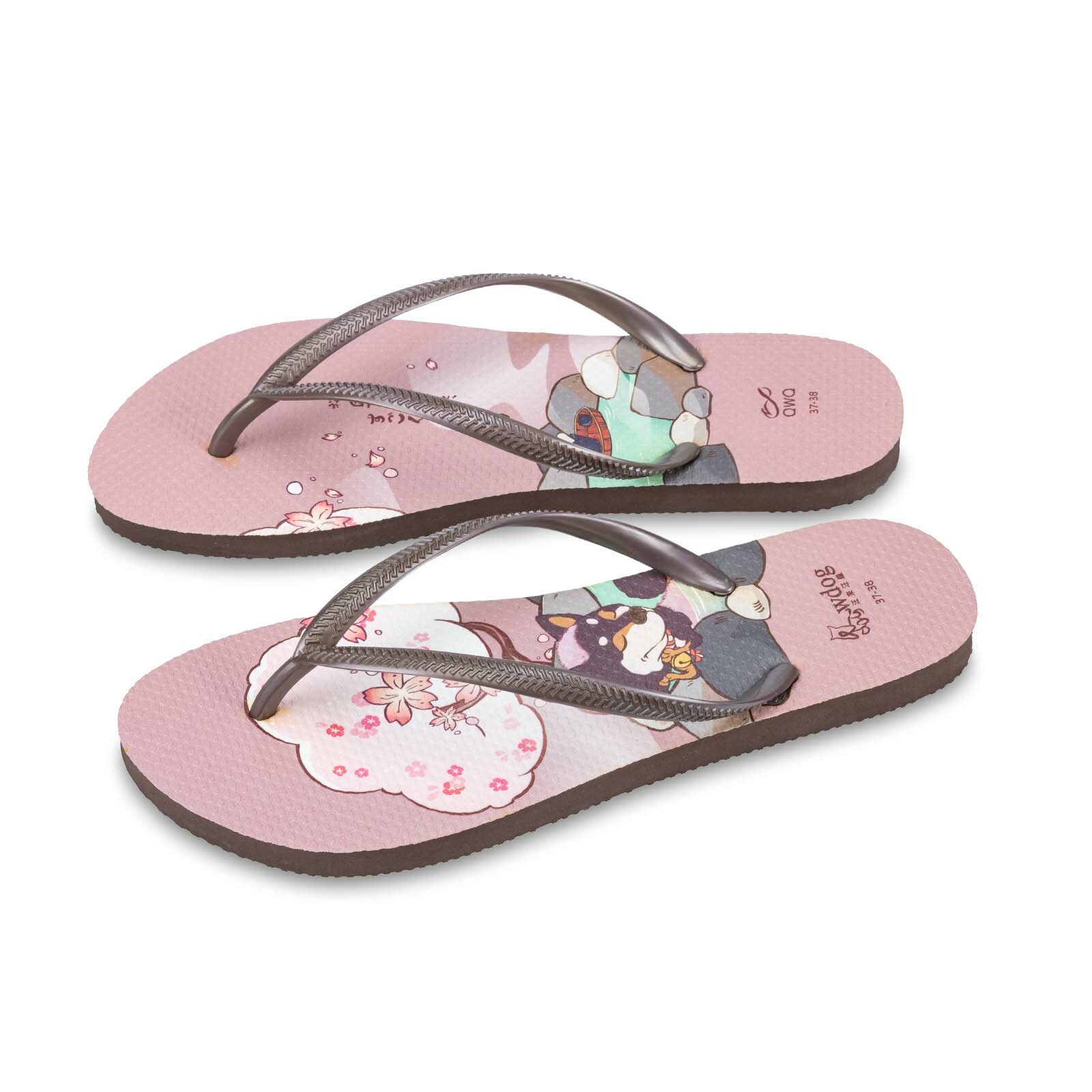 汪來汪趣 柴犬 櫻花溫泉 女款細帶人字夾腳拖鞋 棕底薔薇帶