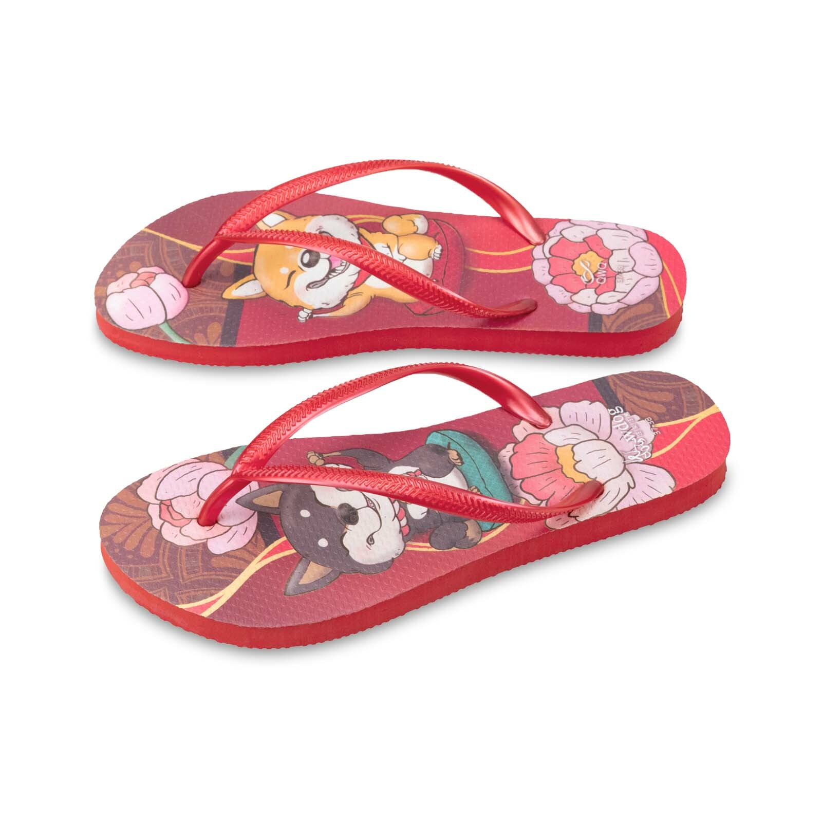 汪來汪趣 柴犬 日本紅色 女款細帶人字夾腳拖鞋 玫瑰紅