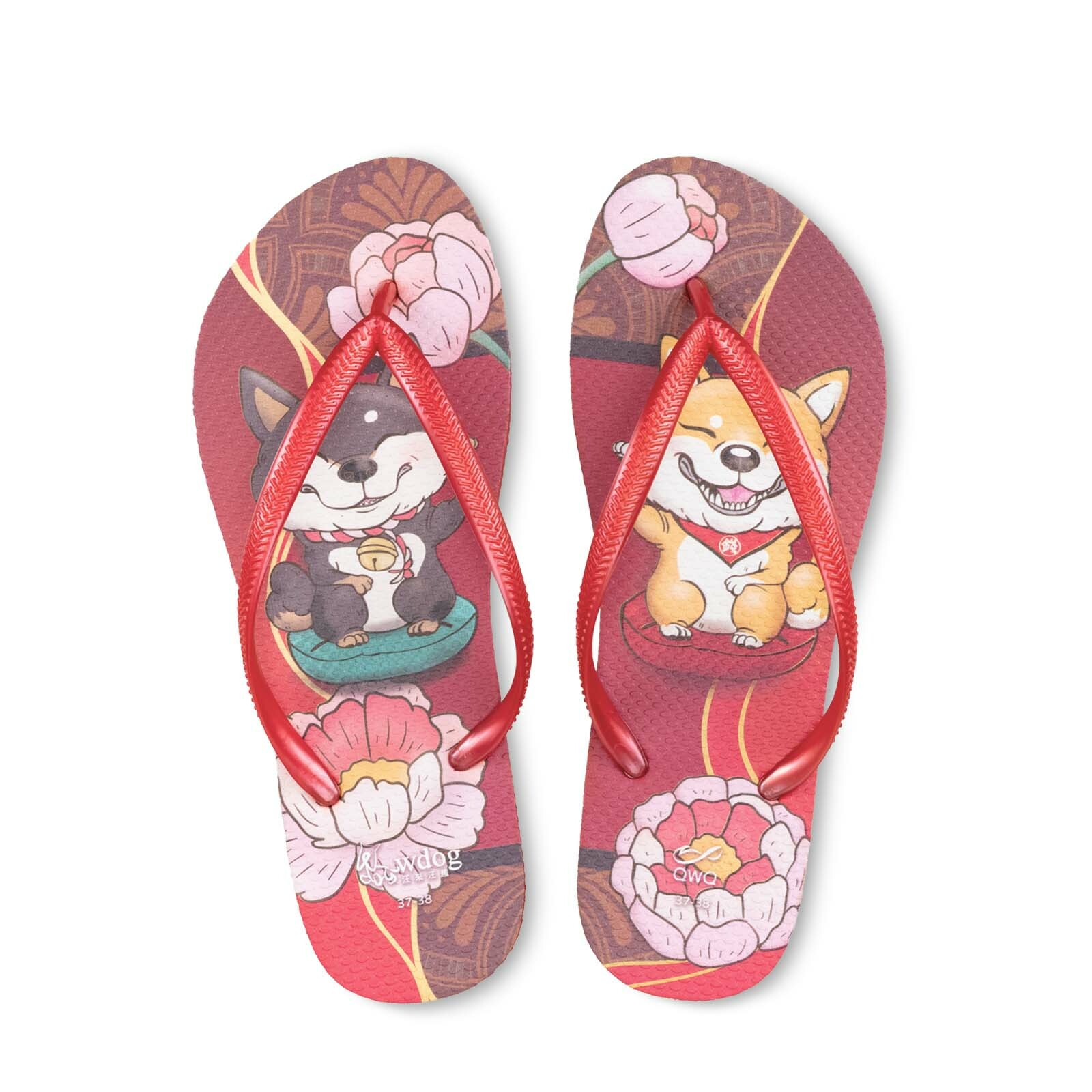 汪來汪趣 柴犬 日本紅色 女款細帶人字夾腳拖鞋 玫瑰紅