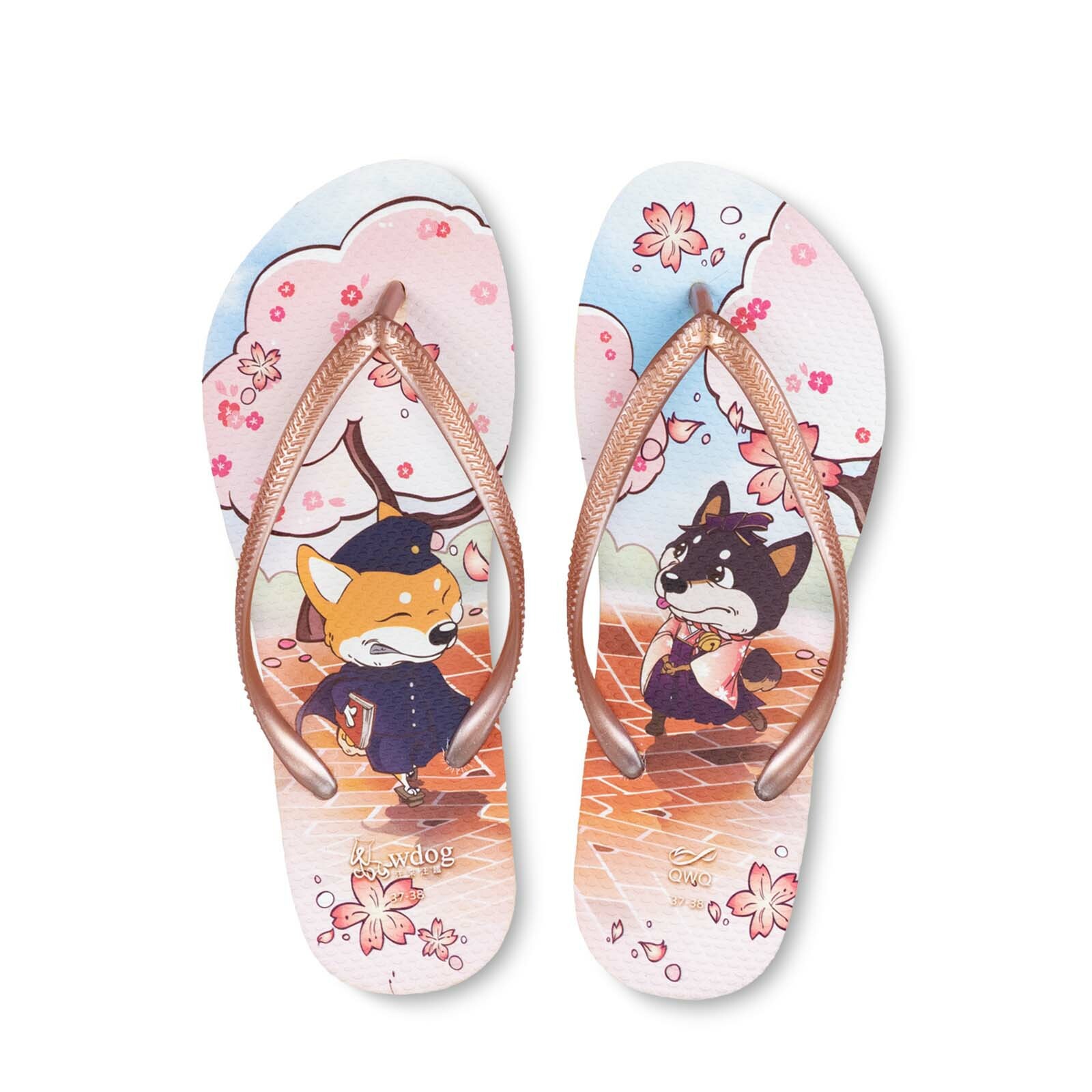 汪來汪趣 柴犬 櫻花下 女款細帶人字夾腳拖鞋 粉金