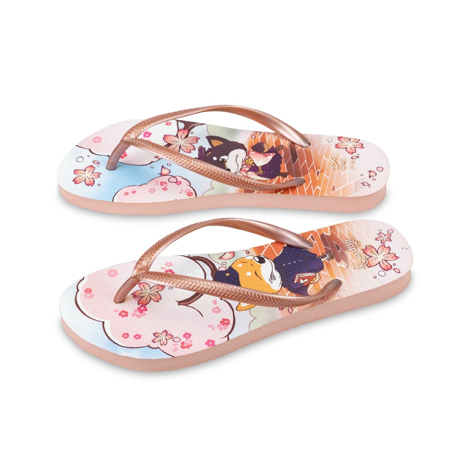 汪來汪趣 柴犬 櫻花下 女款細帶人字夾腳拖鞋 粉金