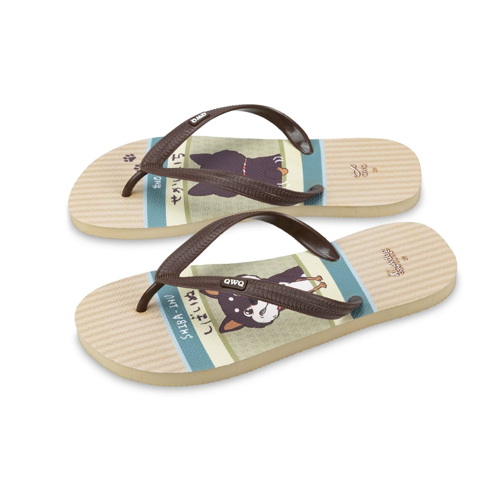 汪來汪趣 柴犬 榻榻米 男款粗帶人字夾腳拖鞋 米底棕帶