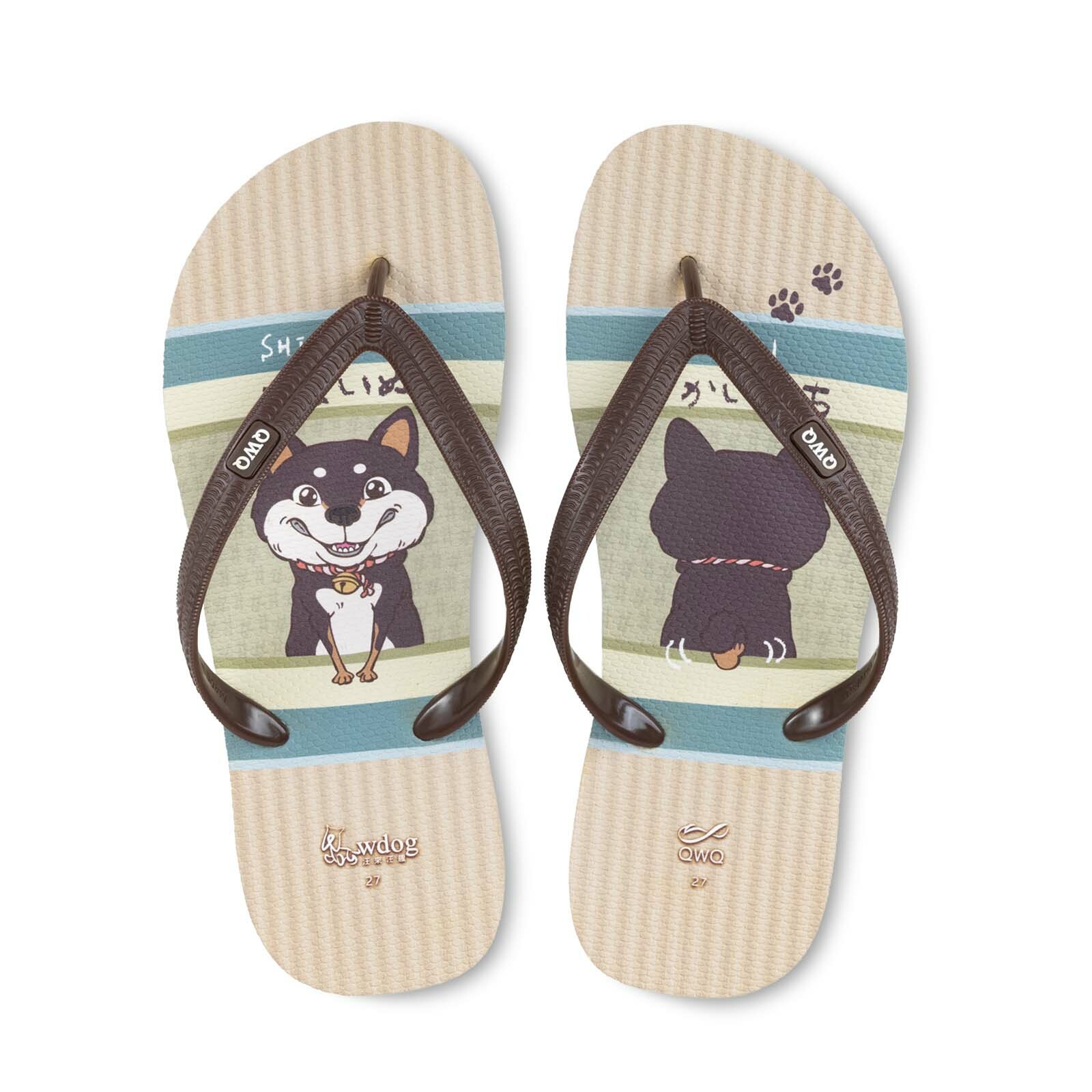 汪來汪趣 柴犬 榻榻米 男款粗帶人字夾腳拖鞋 米底棕帶