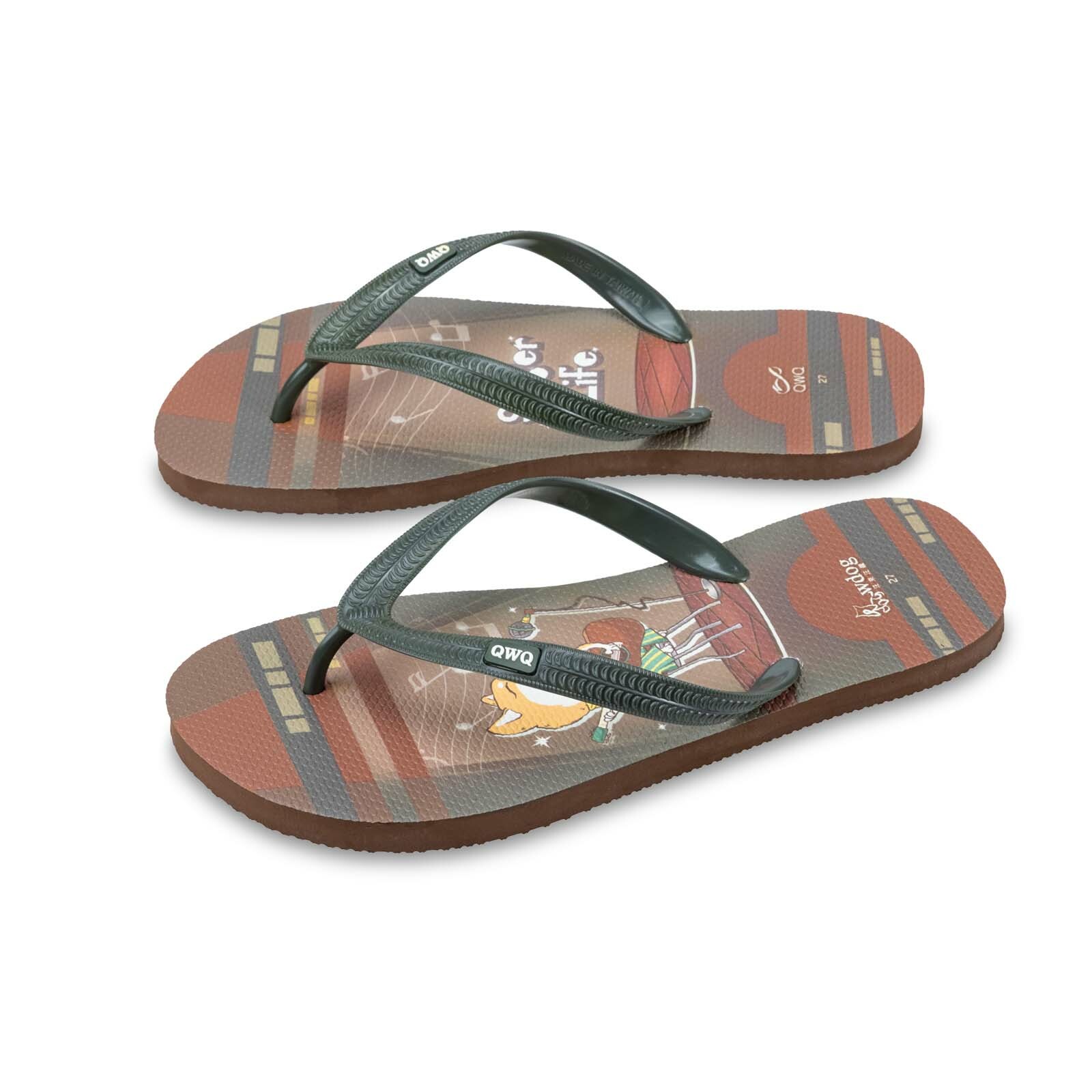 汪來汪趣 柴犬 靈魂歌手 男款粗帶人字夾腳拖鞋 棕底綠