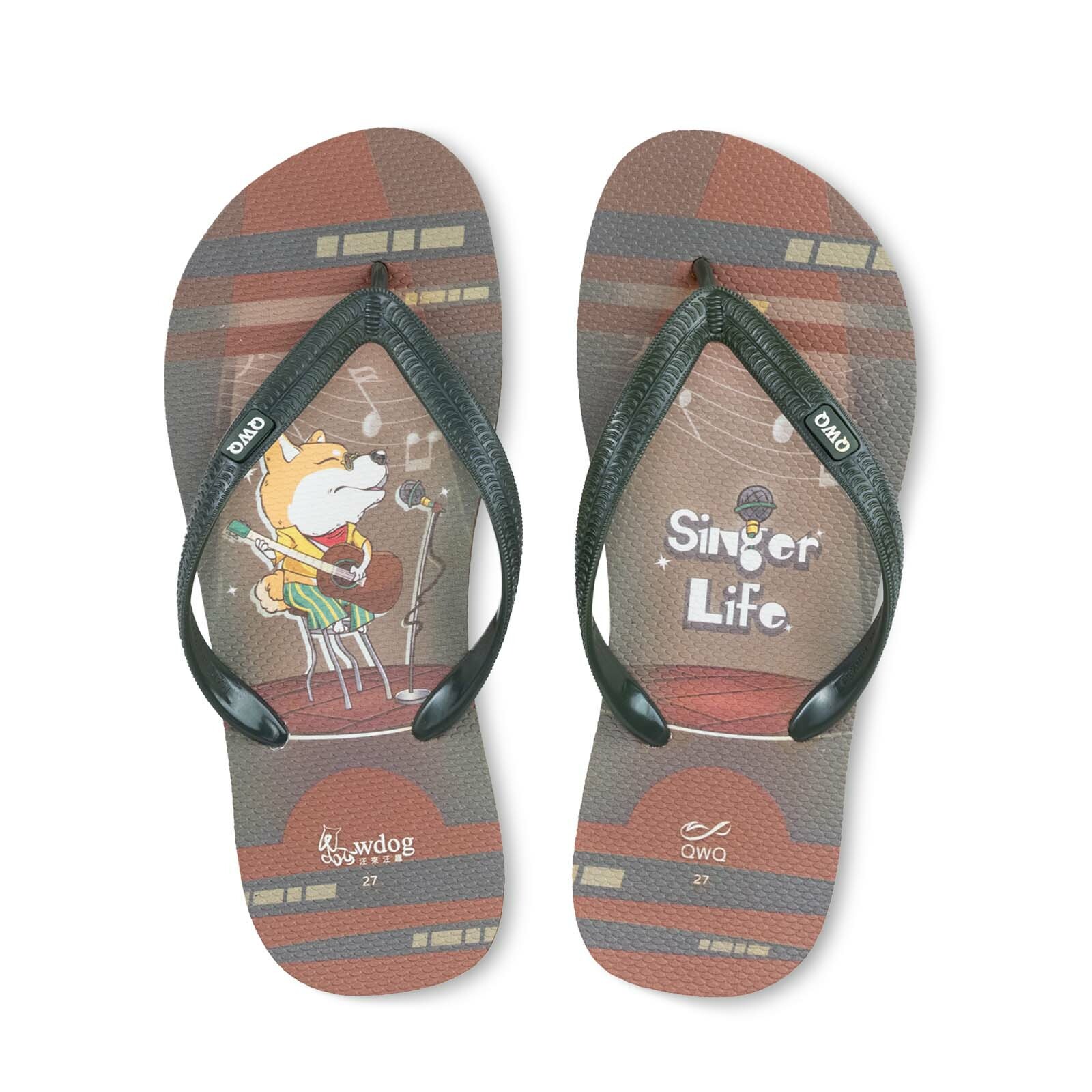 汪來汪趣 柴犬 靈魂歌手 男款粗帶人字夾腳拖鞋 棕底綠