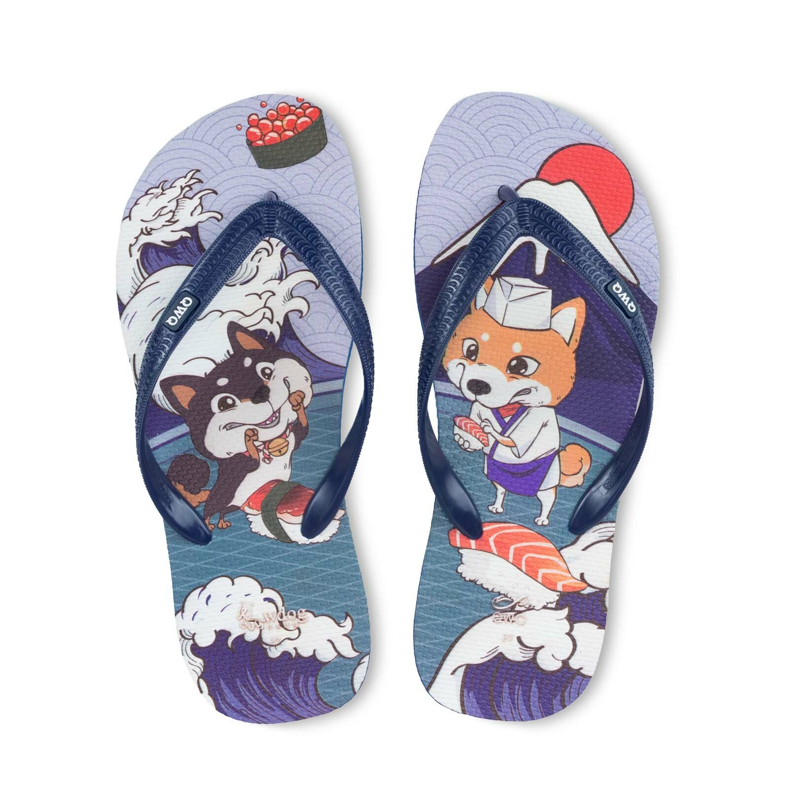 汪來汪趣 柴犬 生魚片 男款粗帶人字夾腳拖鞋 藏青藍