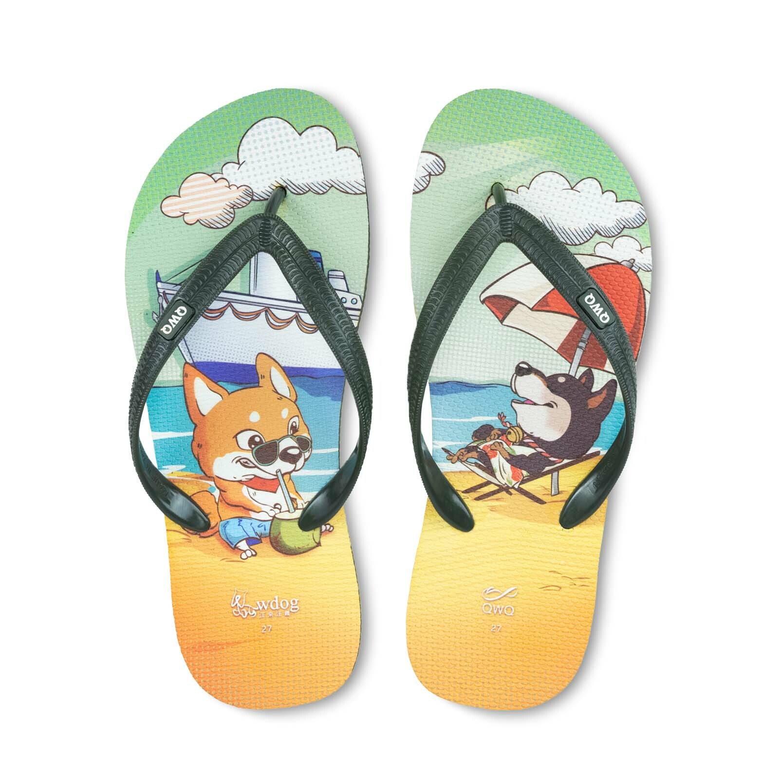 汪來汪趣 柴犬 海灘 男款粗帶人字夾腳拖鞋 夜幕綠