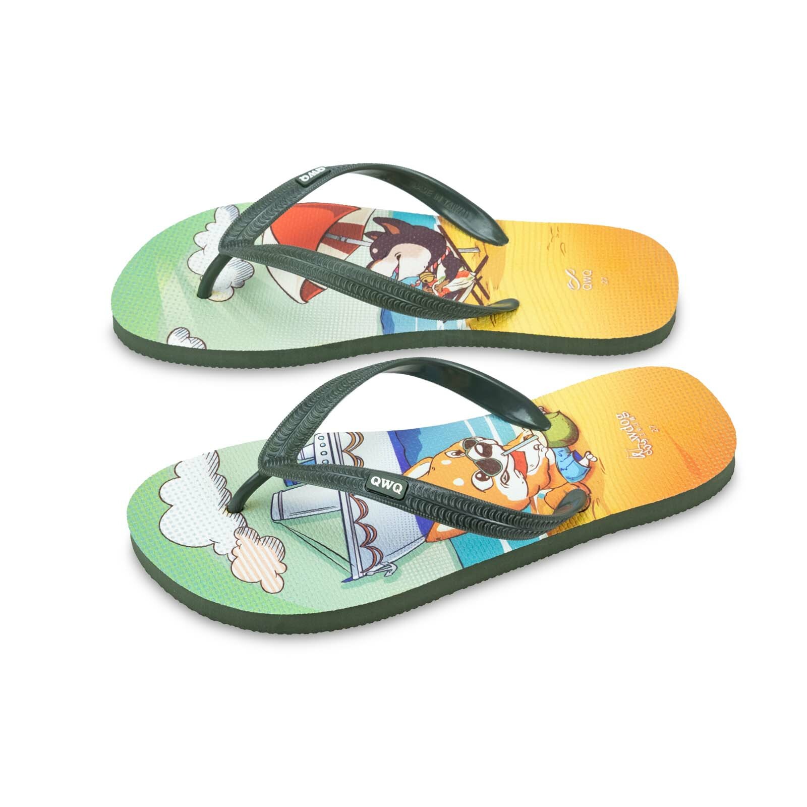 汪來汪趣 柴犬 海灘 男款粗帶人字夾腳拖鞋 夜幕綠