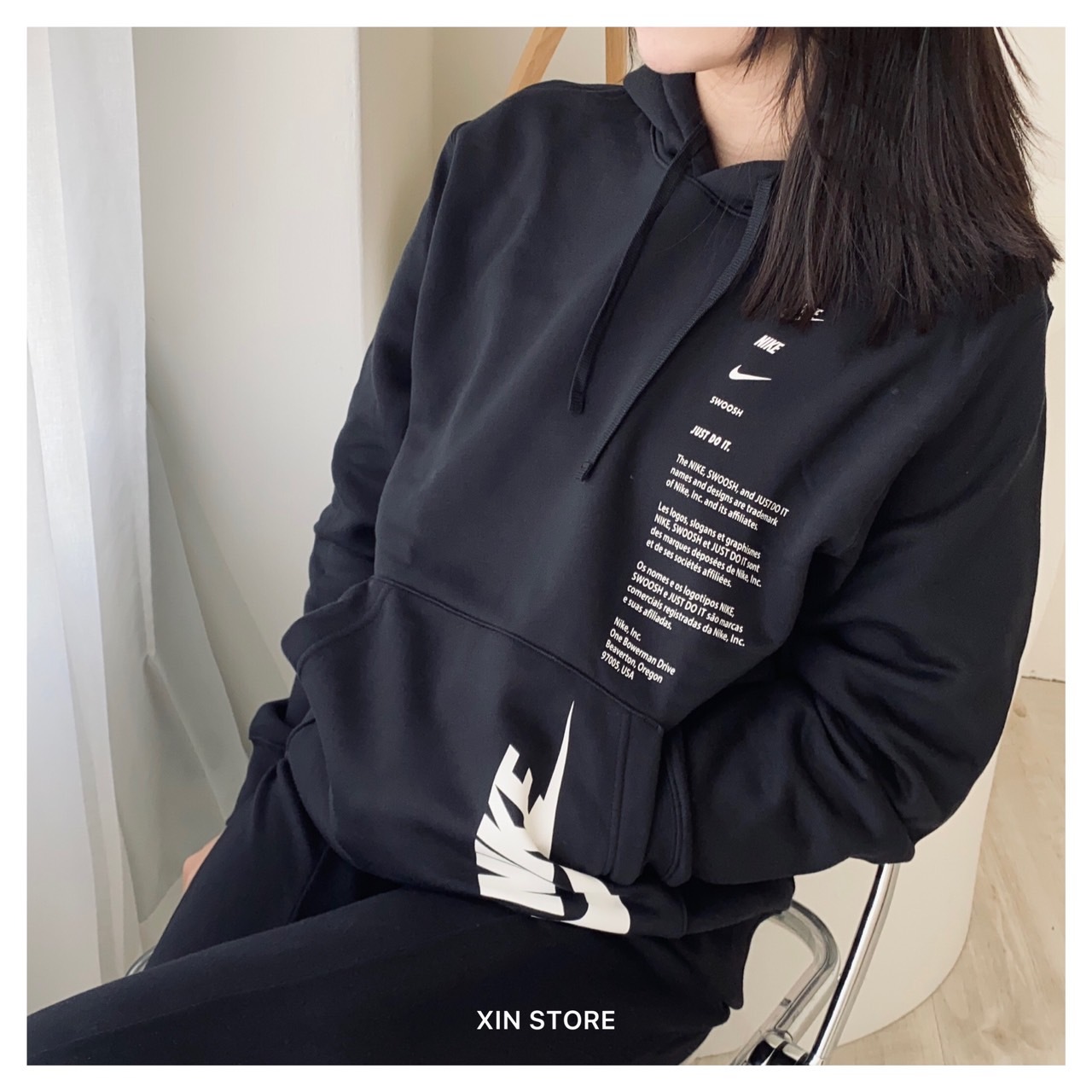 【現貨】Nike NSW 帽Tee 字勾 標語 抽繩 刷毛 經典 口袋 黑 淺灰