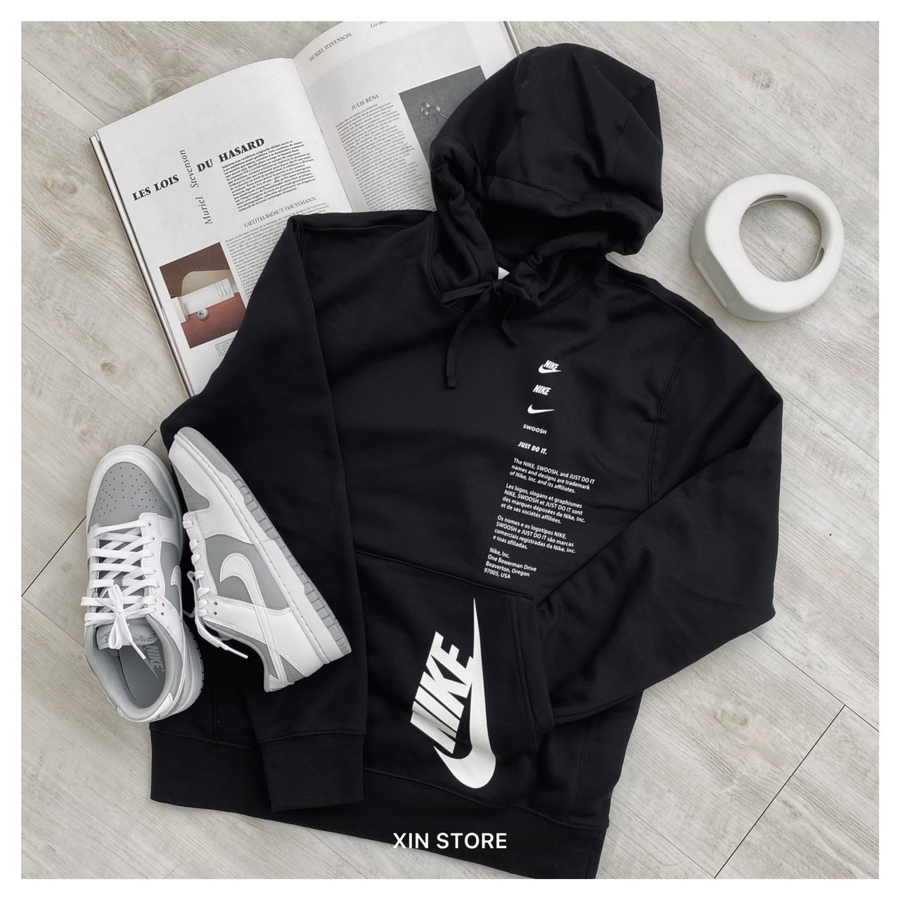 【現貨】Nike NSW 帽Tee 字勾 標語 抽繩 刷毛 經典 口袋 黑 淺灰