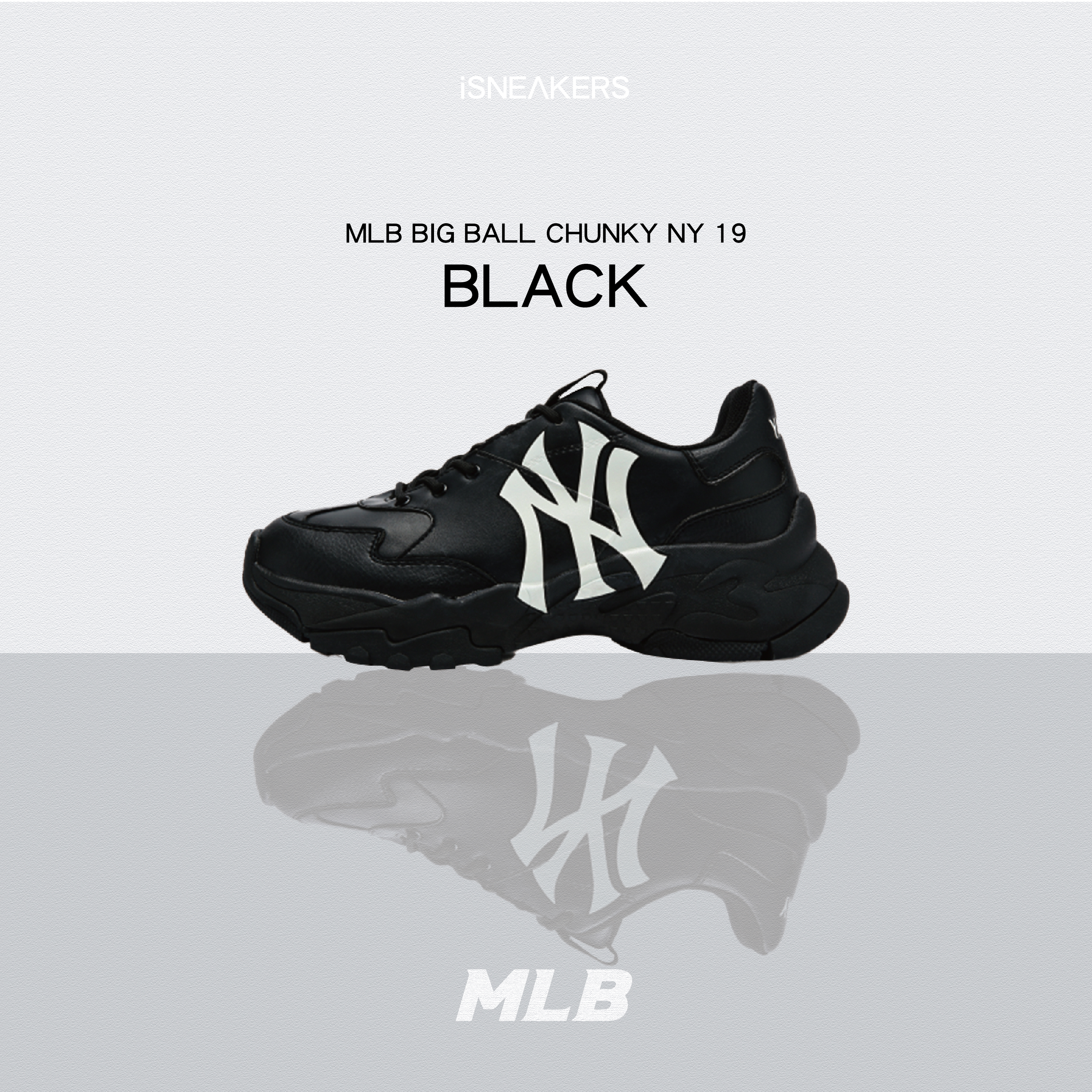 iSNEAKERS｜MLB Big Ball Chunky NY 19 "Black" 經典大LOGO 老爹鞋 全黑 3ASHC104N-50BKS