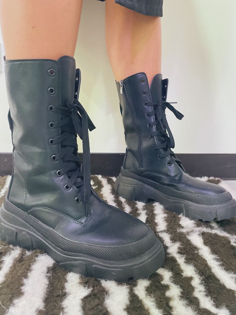 皮感厚底中筒軍靴