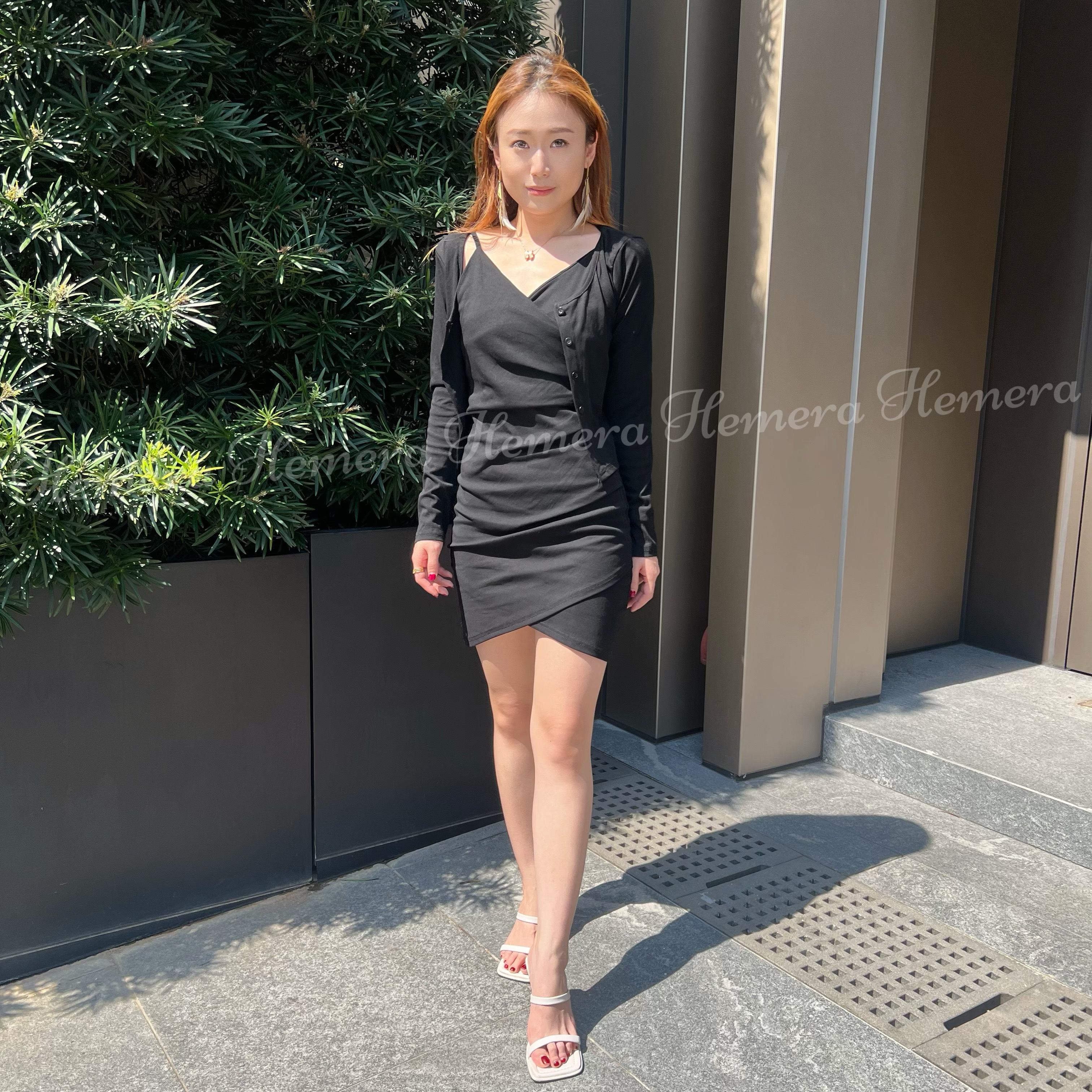 極顯瘦棉質V領吊帶摺摺腰位小開叉連身裙連外套 ST22S0967