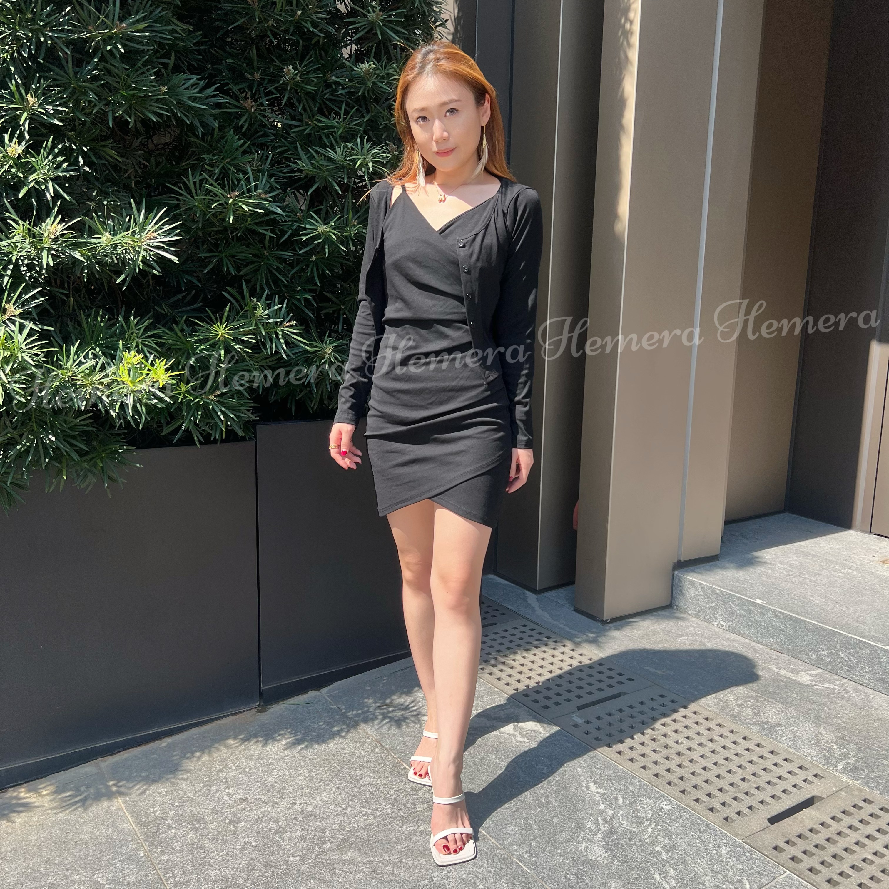 極顯瘦棉質V領吊帶摺摺腰位小開叉連身裙連外套 ST22S0967