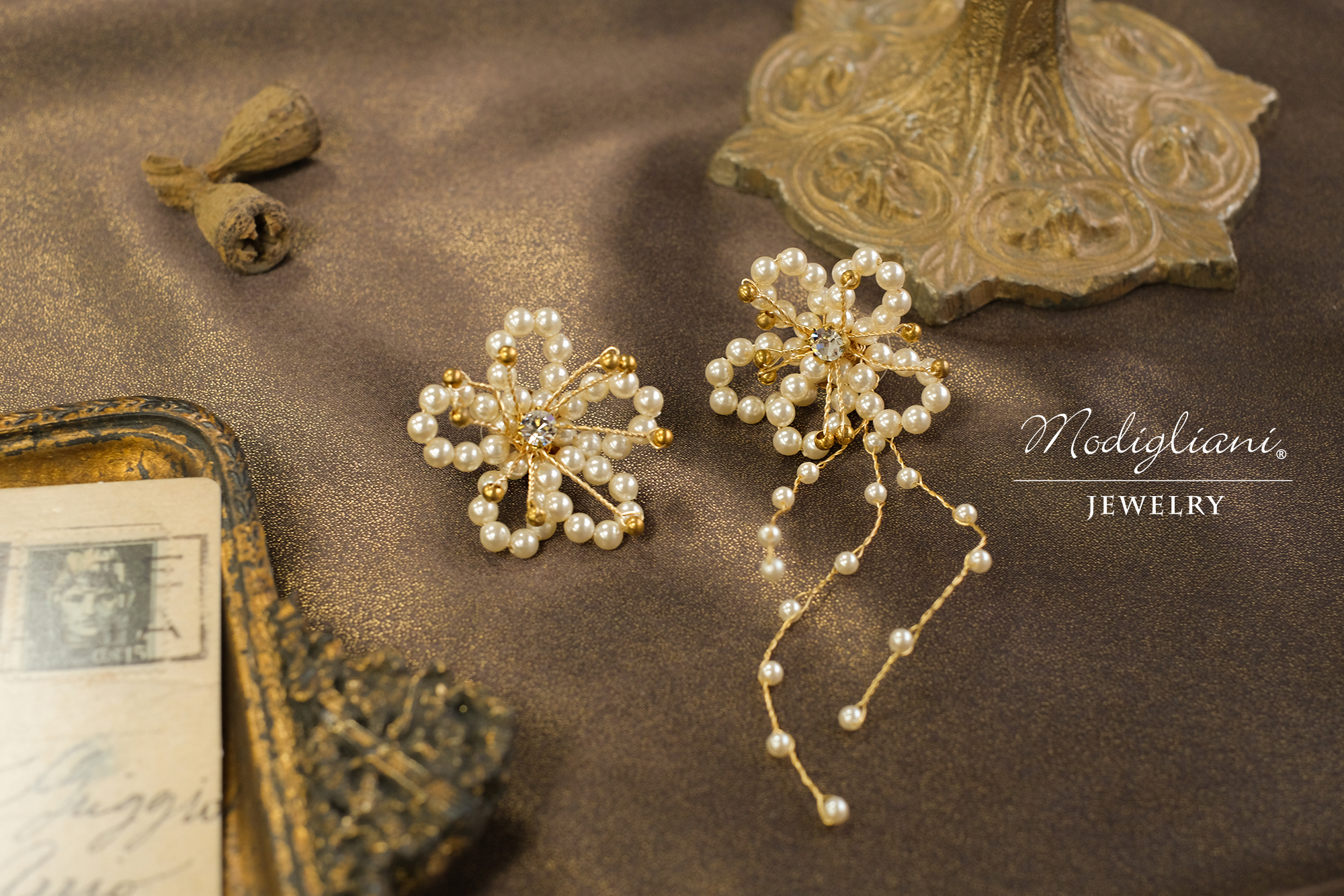 黃銅飾品,黃銅,兩戴式耳環,花草,施華洛世奇水晶珍珠,鋯石,珠寶編織,華麗