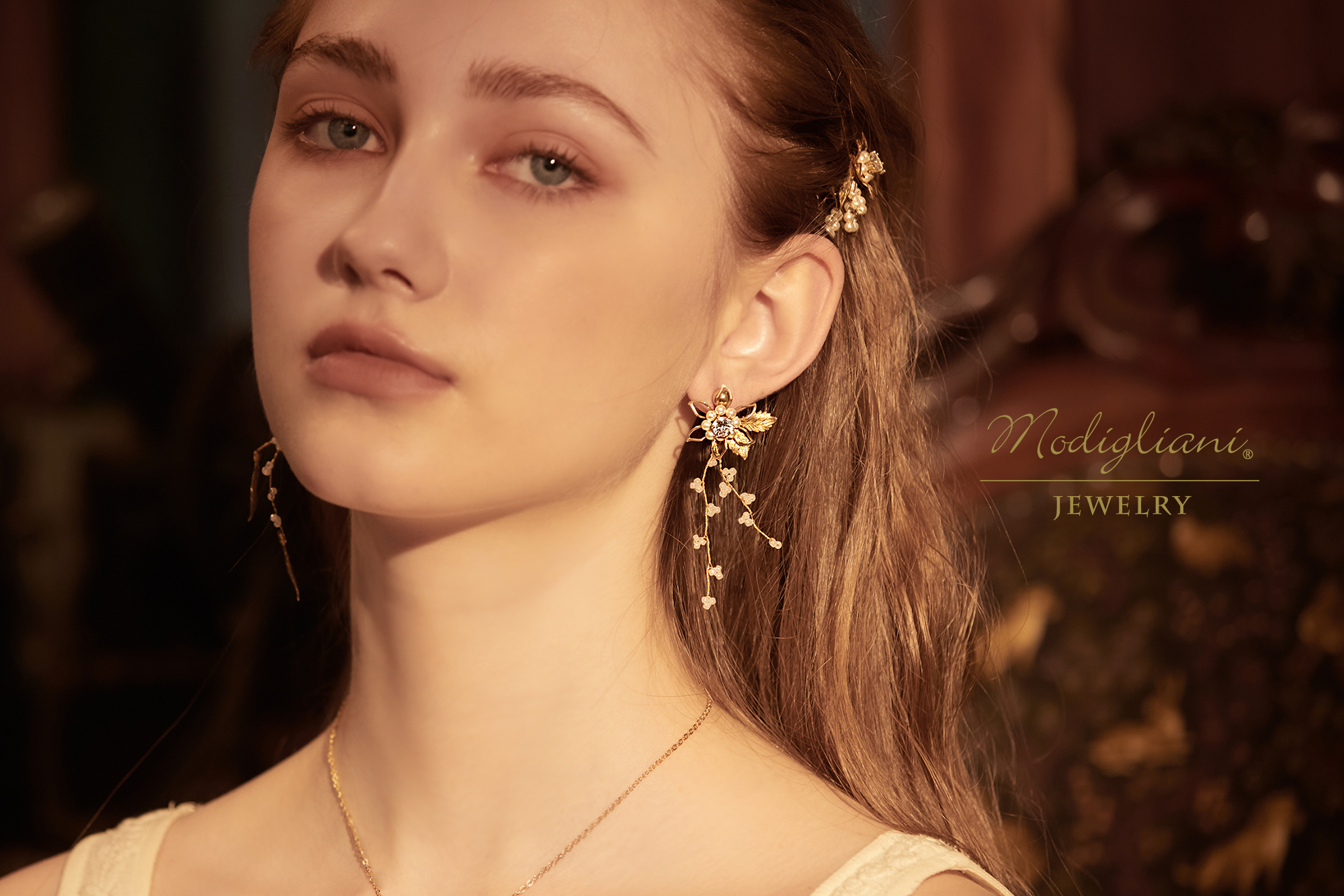 黃銅飾品,黃銅,花草,仙女,鋯石,施華洛世奇水晶珍珠,兩戴式耳環,華麗