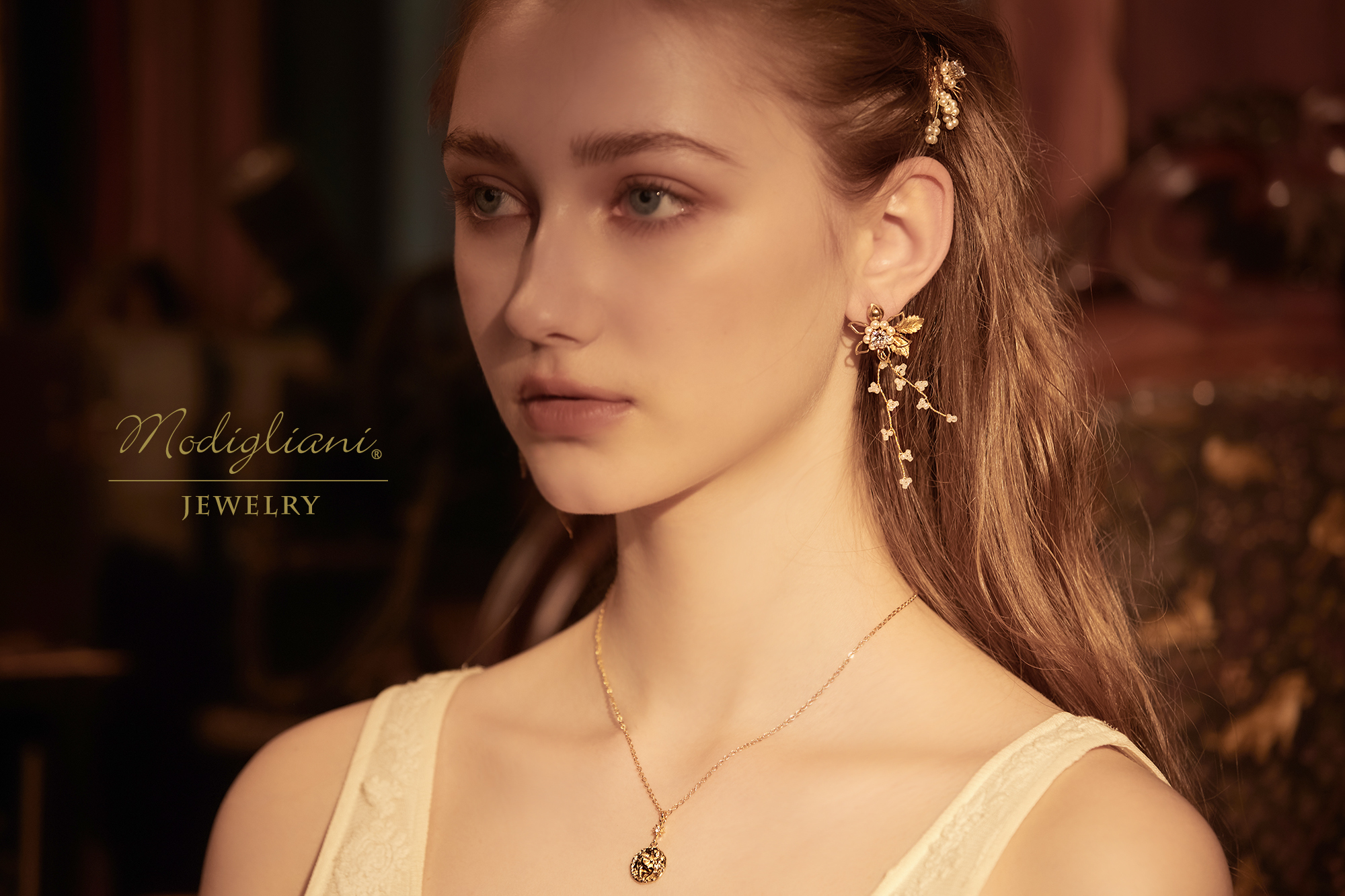 黃銅飾品,黃銅,花草,仙女,鋯石,施華洛世奇水晶珍珠,兩戴式耳環,華麗