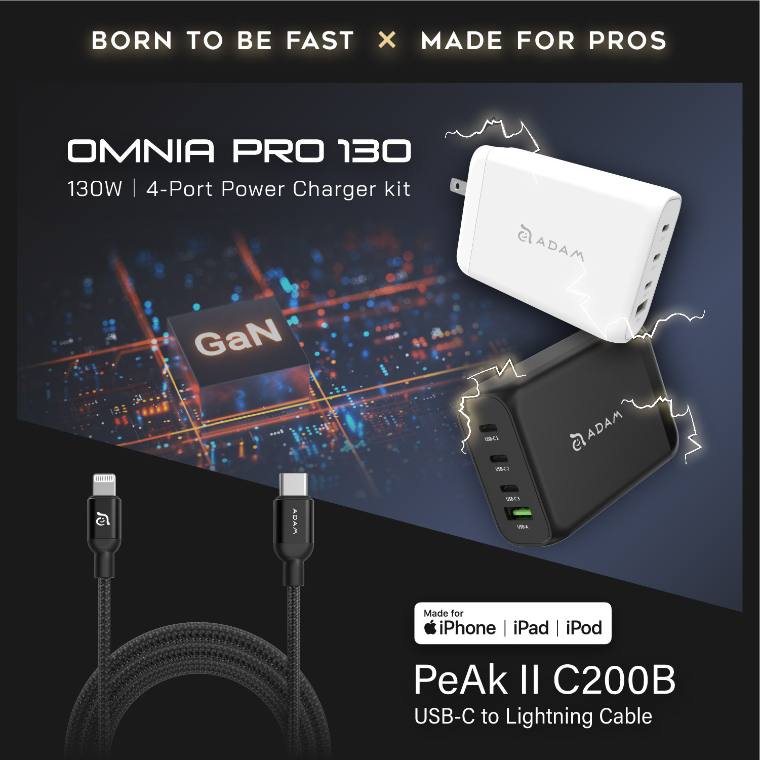 OMNIA Pro 130 130W 4-Port Power Charging Kit + PeAk II C200B USB-C to Lightning Cable