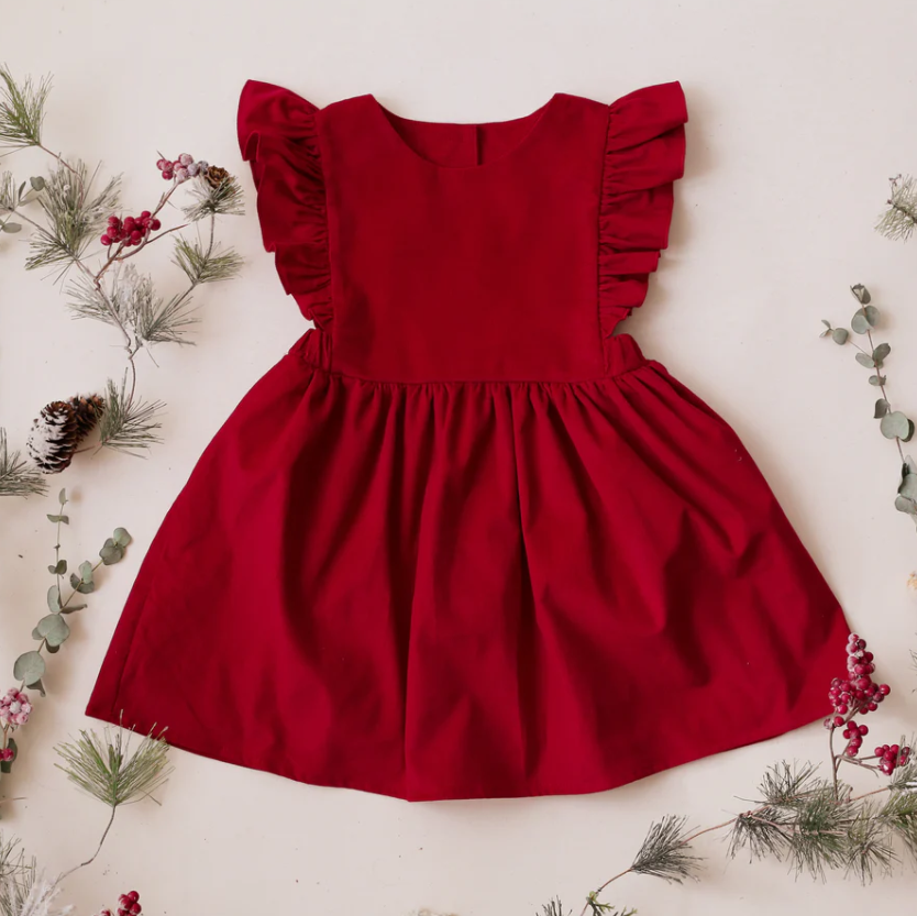 Dannie and Lilou-Frills Pinafore Dress(Strawberry Corduroy)