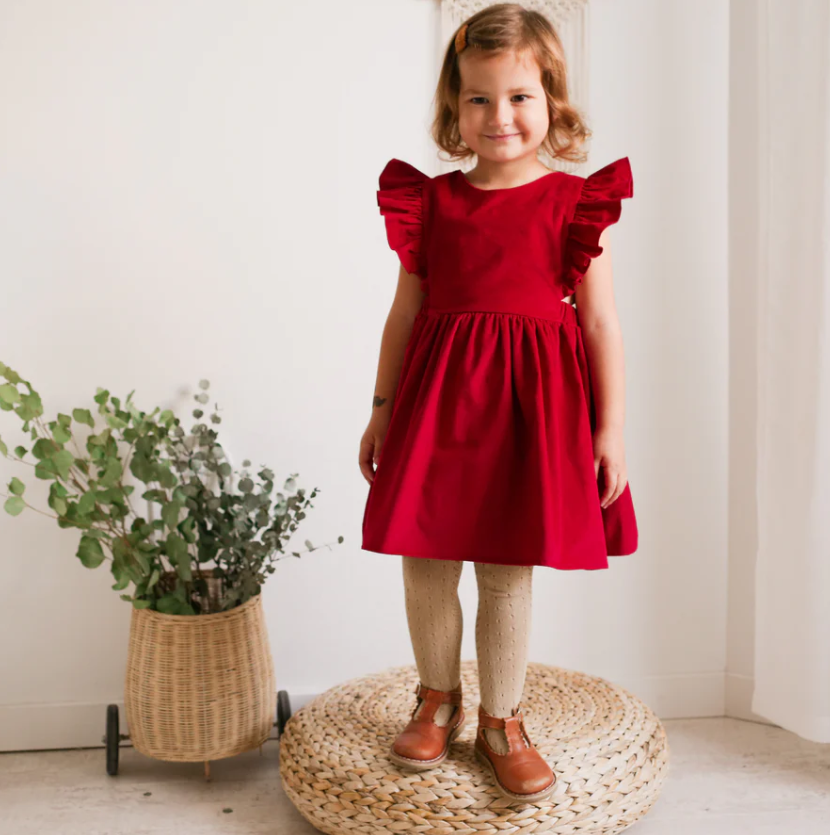 Dannie and Lilou-Frills Pinafore Dress(Strawberry Corduroy)
