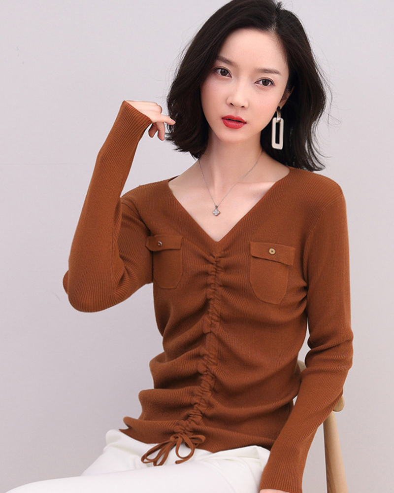 棕【零碼出清不退換】V領造型抽繩坑條針織上衣
