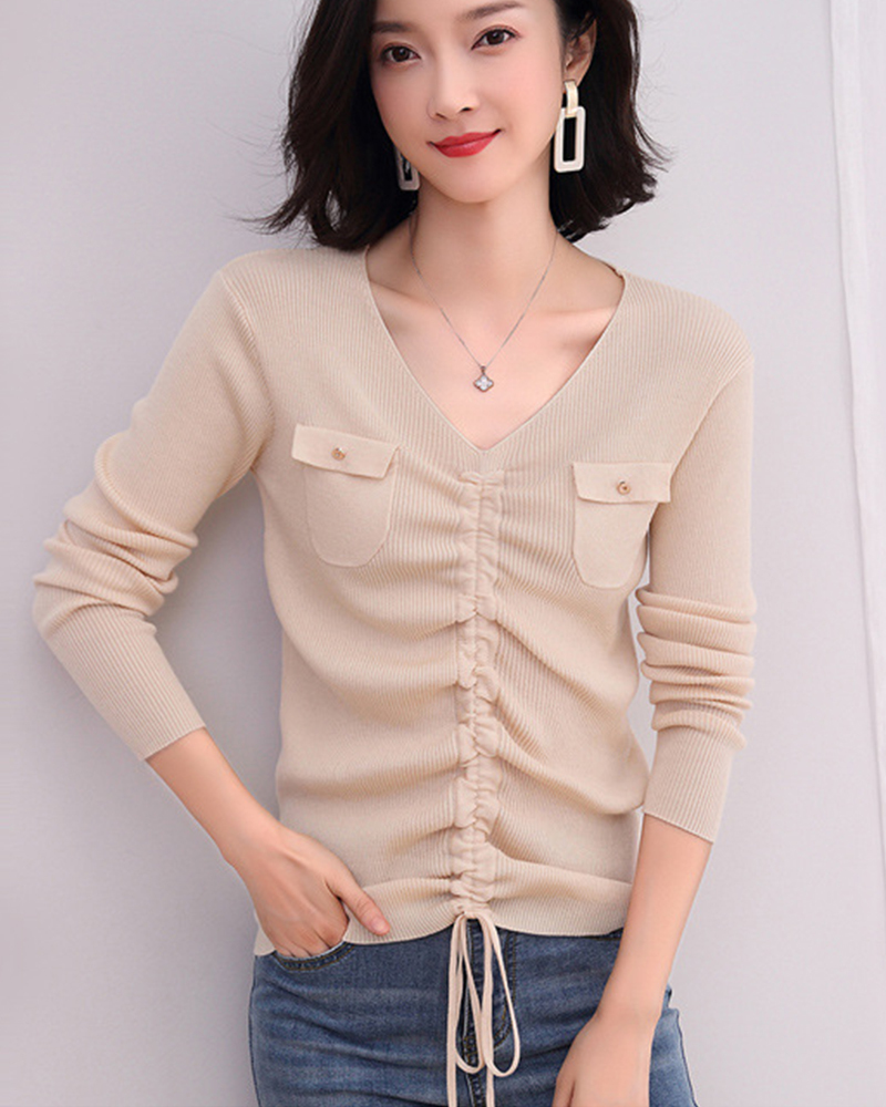 棕【零碼出清不退換】V領造型抽繩坑條針織上衣