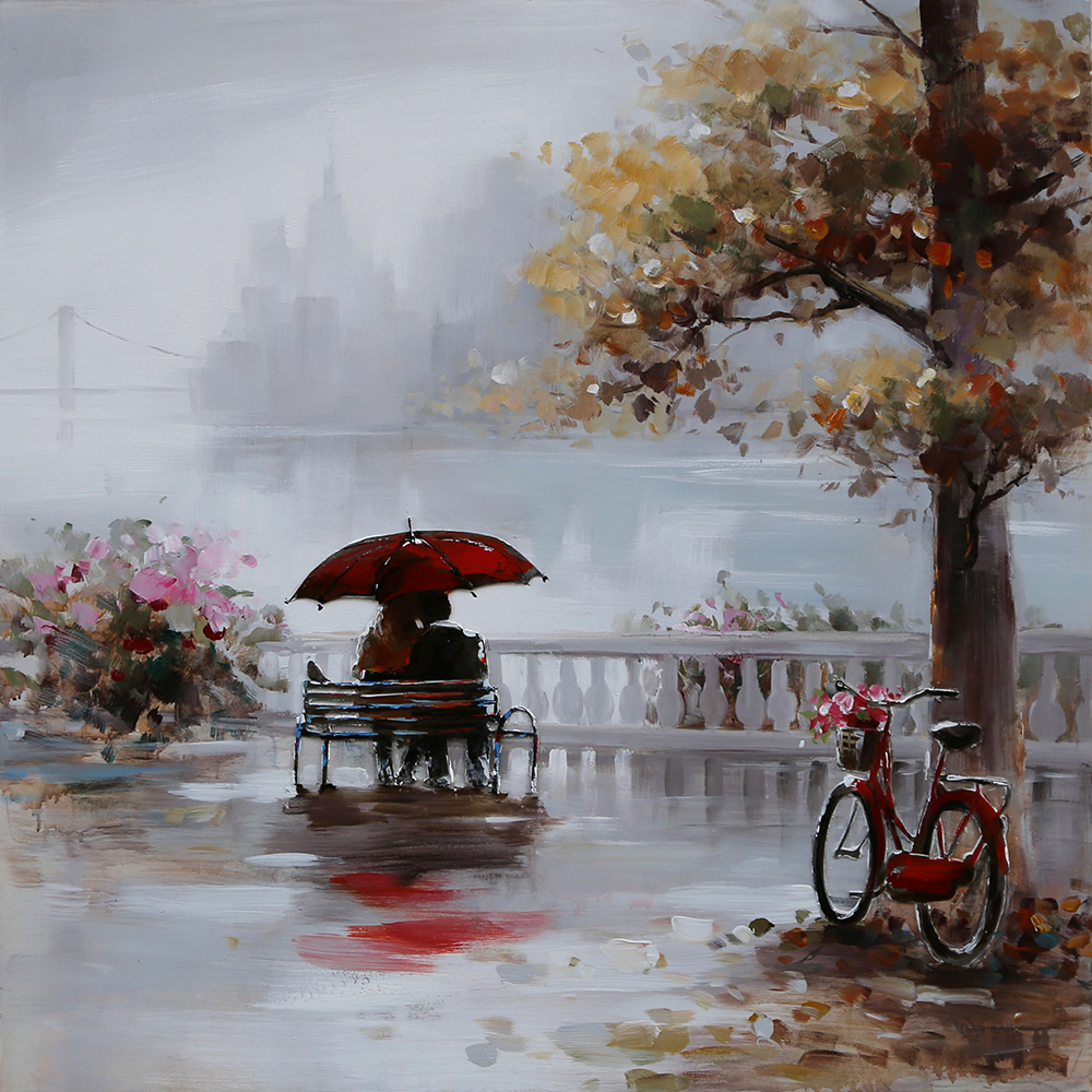 鐵皮畫-公園雨中街景(木框)