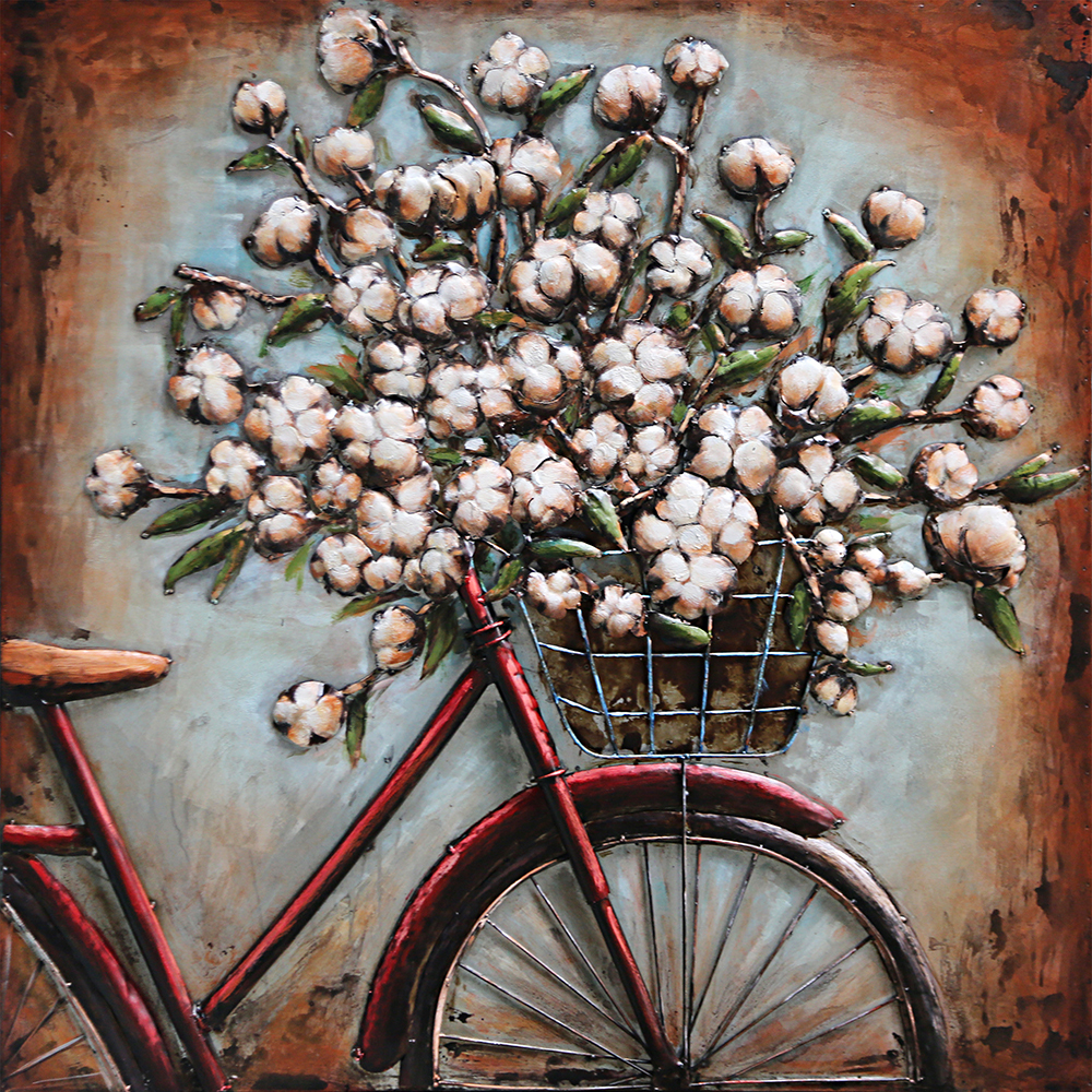 鐵皮畫-紅腳踏車與花