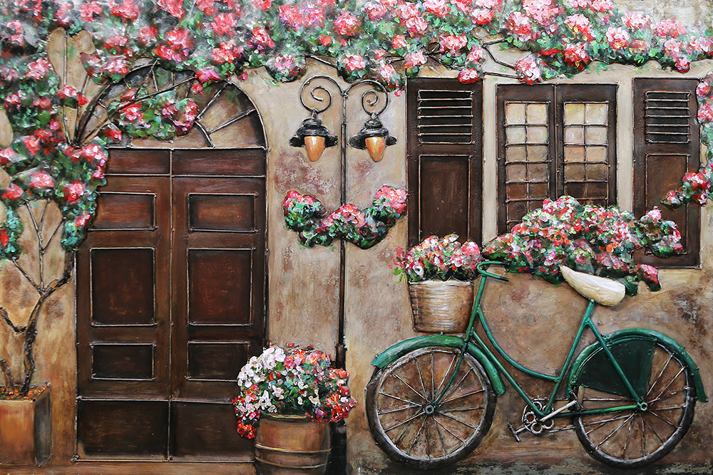 鐵皮畫-窗前綠腳踏車與紅花