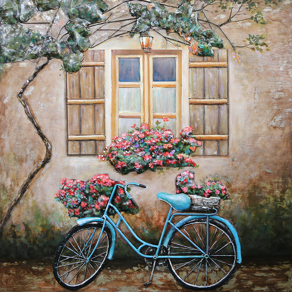 鐵皮畫-窗前藍腳踏車