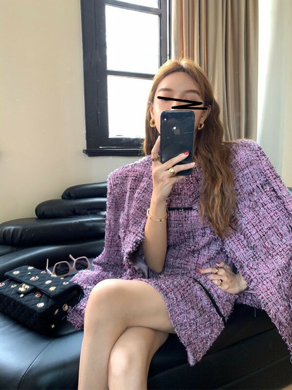 高級紫編織毛尼無袖洋裝+外套(套裝)