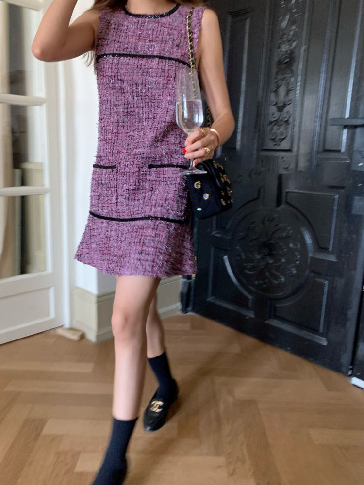 高級紫編織毛尼無袖洋裝+外套(套裝)