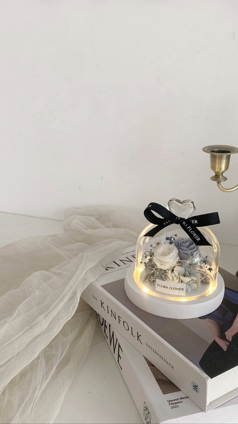 永生花愛心玻璃罩-藍白